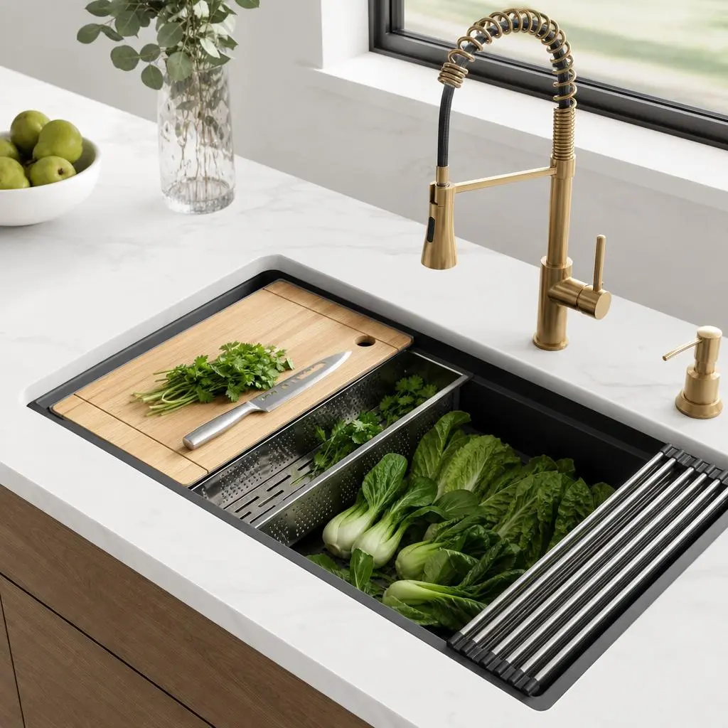 30 in Black T-304 Stainless Steel Undermount Single Bowl Workstation Kitchen Sink with Cutting Board, Colander, Roll Up Rack, Bottom Grid