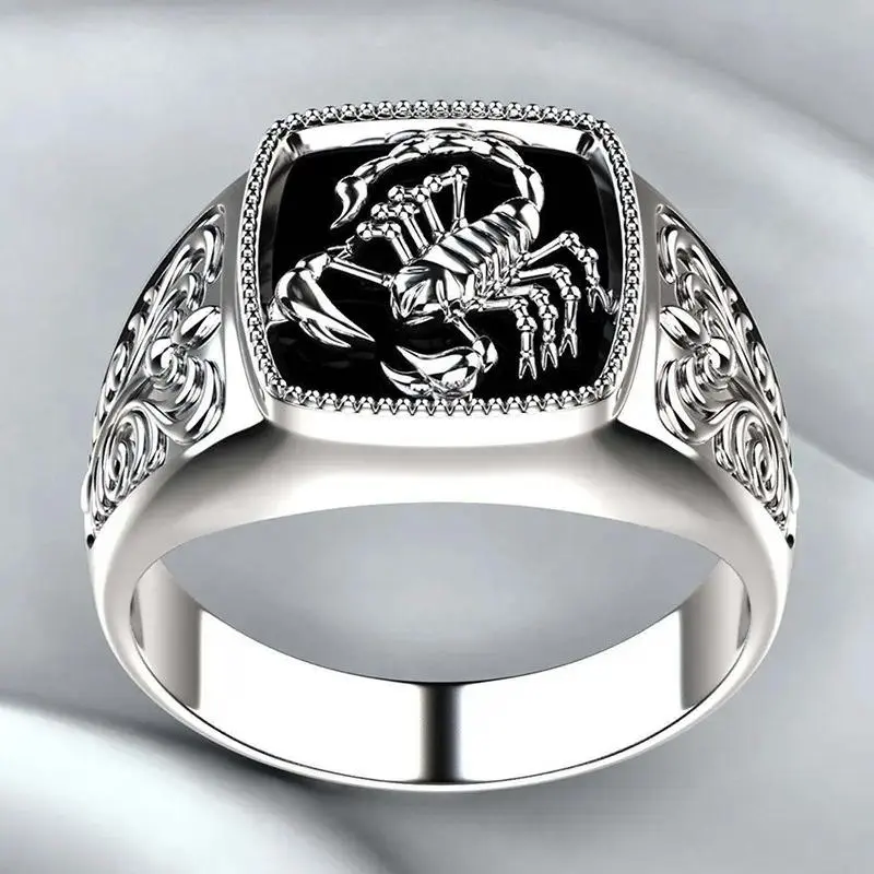 Black Electroplated Scorpion Pattern Wide Stainless Steel Ring, Classic Elegant Men’s Finger Jewelry For Daily Party Styling And General Token Gifting Accessory