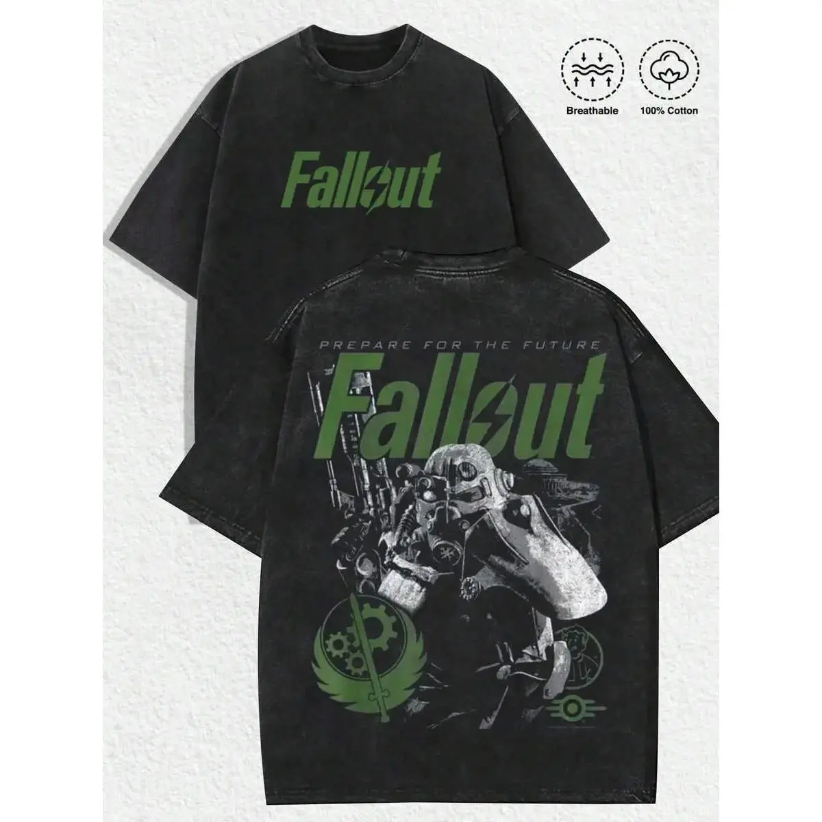 Fallout Vintage Distressed Washed Black Tee Brotherhood of Steel Power Armor Graphic Unisex Oversized 100 Cotton Short Sleeve Top Retro Gaming Streetwear Casual Daily Outfit Gift for Wasteland Game Fans
