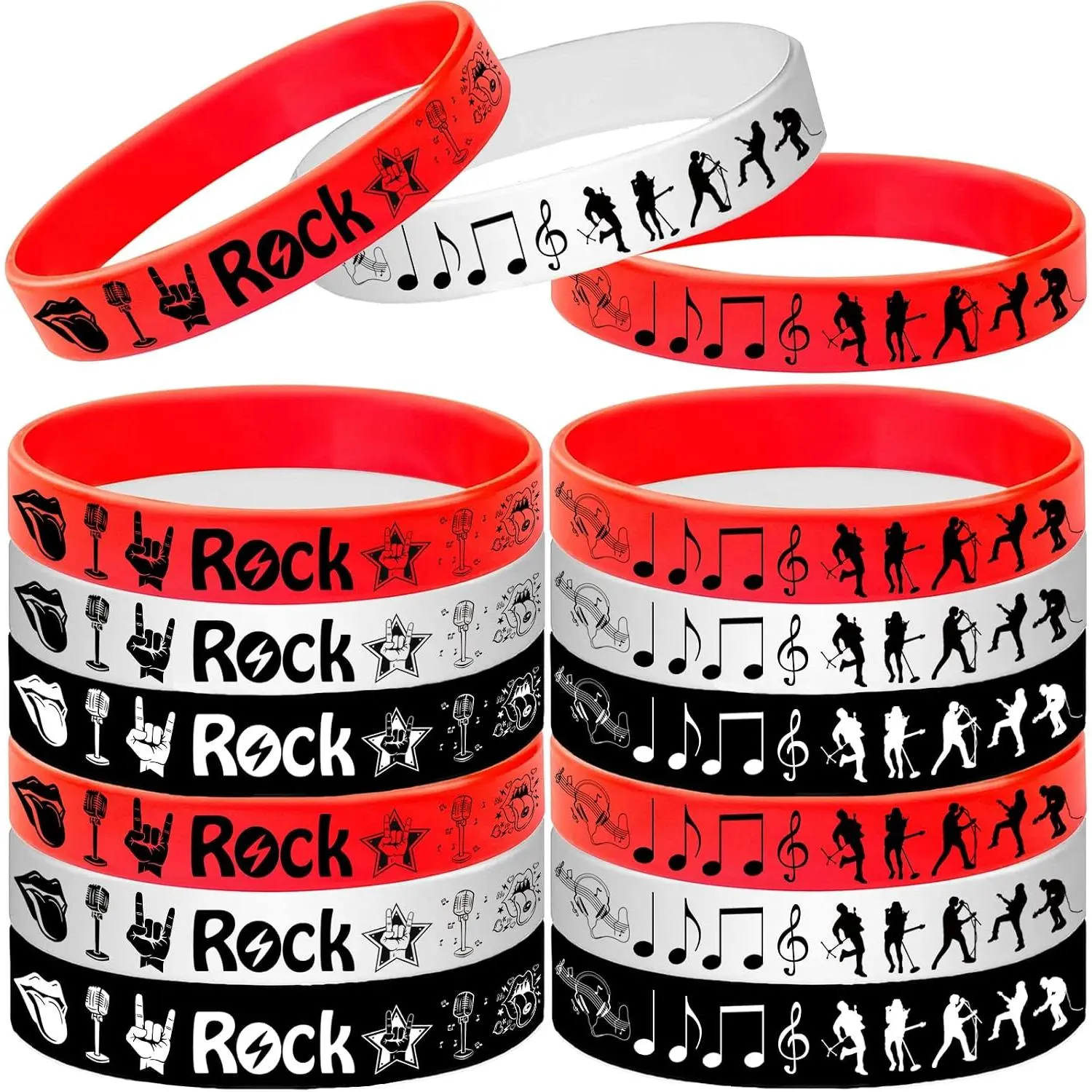 24 count Rock and Roll  Bracelets Rubber Wristbands - Party Favors  Notes Party Decorations Musican Guitar Audio Record Microphone Rap Birthday