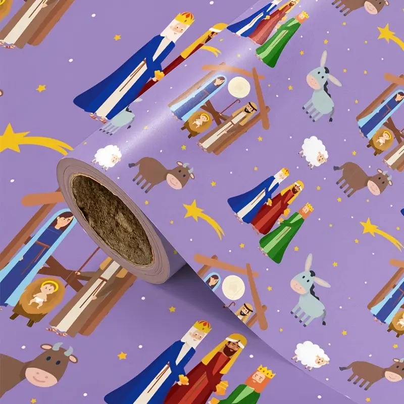 Christmas Wrapping Paper Roll, Background with Wise Men, Manger Scene, Animals, Stars, 43cm X 500cm, Holiday Decorations