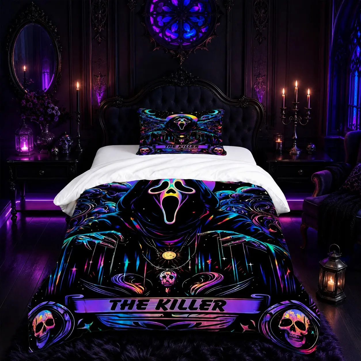 2/3 Pieces Ghost Face The Killer Duvet Cover Set, Neon Iridescent Dark Y2K Gothic Scream Bedding, 1 Duvet Cover + 1/2 Pillowcases, Without Inserts, Halloween Bedroom & Dorm Decor for Horror Movie Fans
