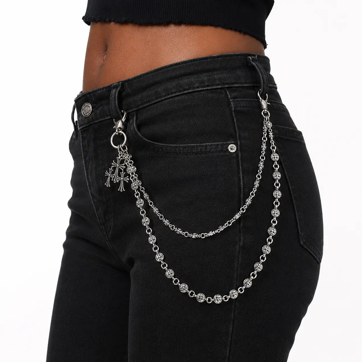 Vintage Silver Pants Chain with Cross Pendants Alloy Double-Layer Trousers Belt Chain, Antique Distressed Finish Crucifix Drop Chain for Jeans, Street Punk & Hip Hop Accessory