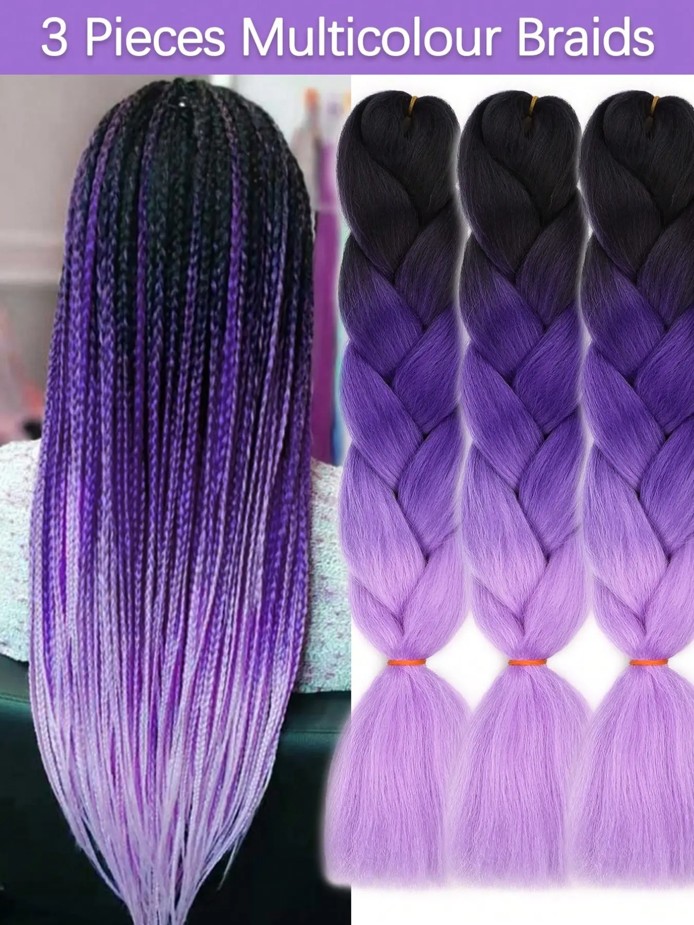 Braiding Hair Extension 24 Inch 3 Packs Premium Synthetic Hair Braids Profession Jumbo Braid in Hair Extensions Black Ombre Purple Colored Hair Extensions for Women Braiding
