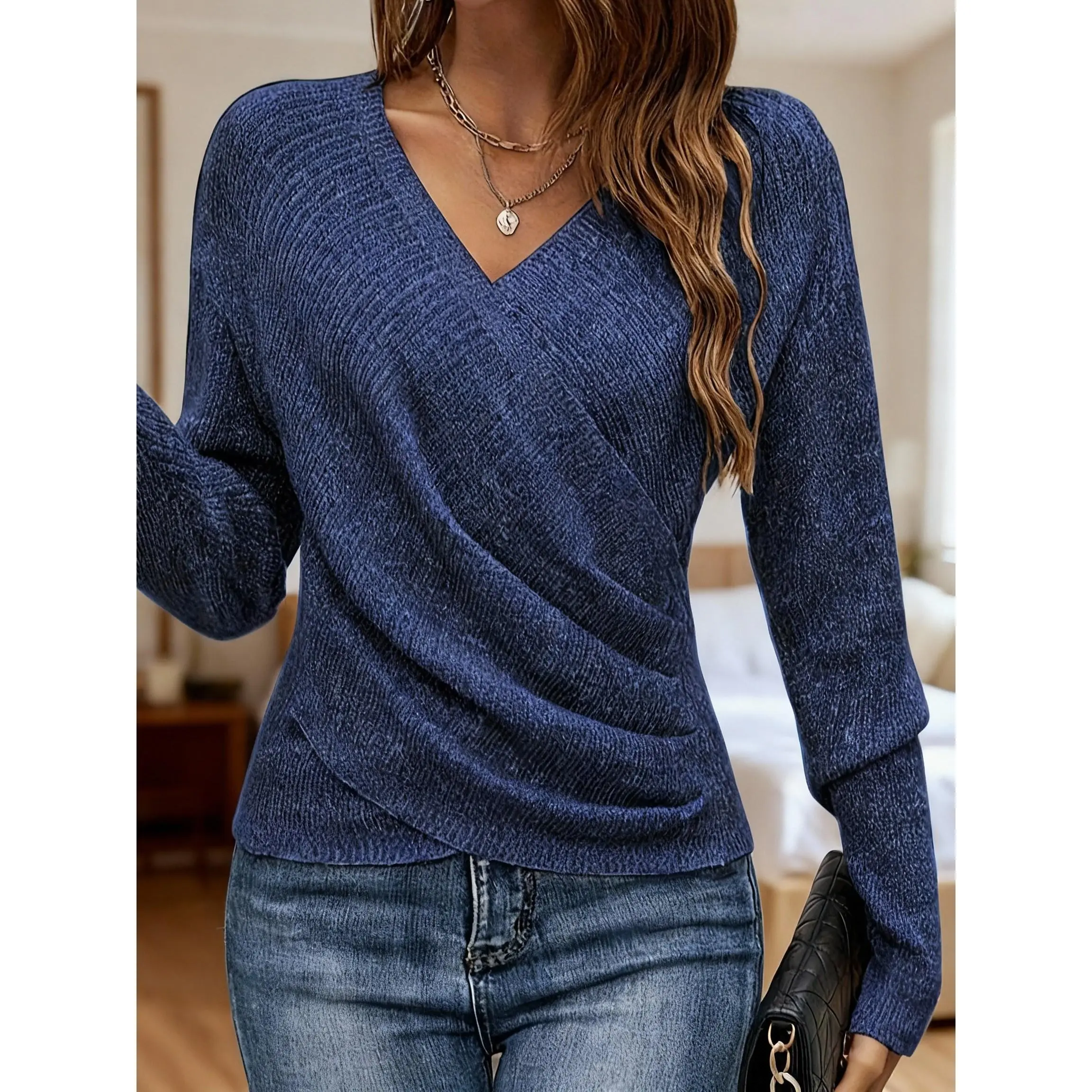 Women's Elegant -Neck Sweater - High Elasticity Viable for Body Types Suitable for Daily & Formal Wear, Machine Washable Layering Top, Solid Color -Elegant-Line Fall Winter Stretchable Long Sleeve