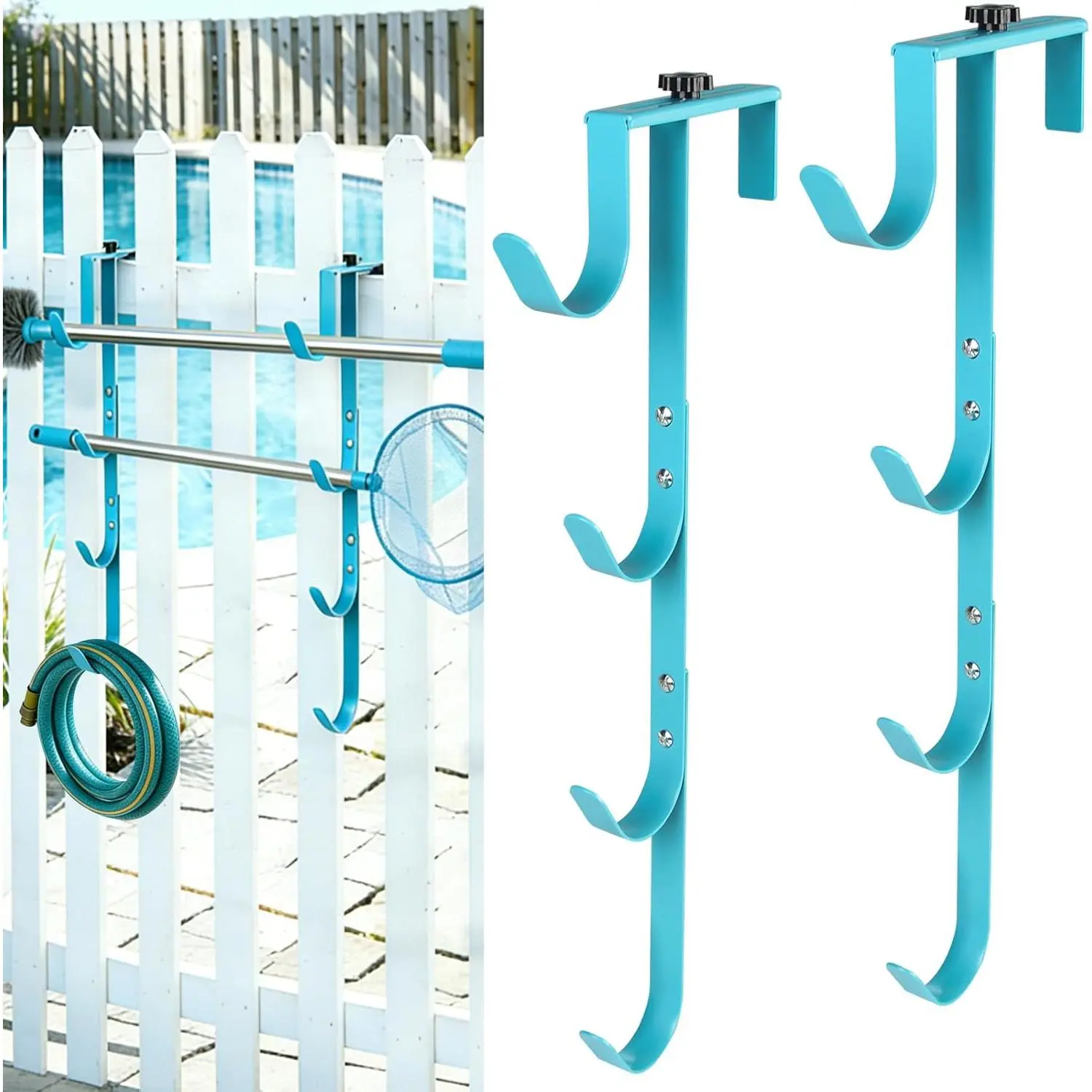 2Sets Blue 4 Pool Pole Hooks Hangers, Adjustable Heavy Duty Fence Hooks for Pool Poles, Pool Tool Holder for Telescopic Poles Skimmers Vacuum Hose Nets Brushes Swimming Pool Accessories
