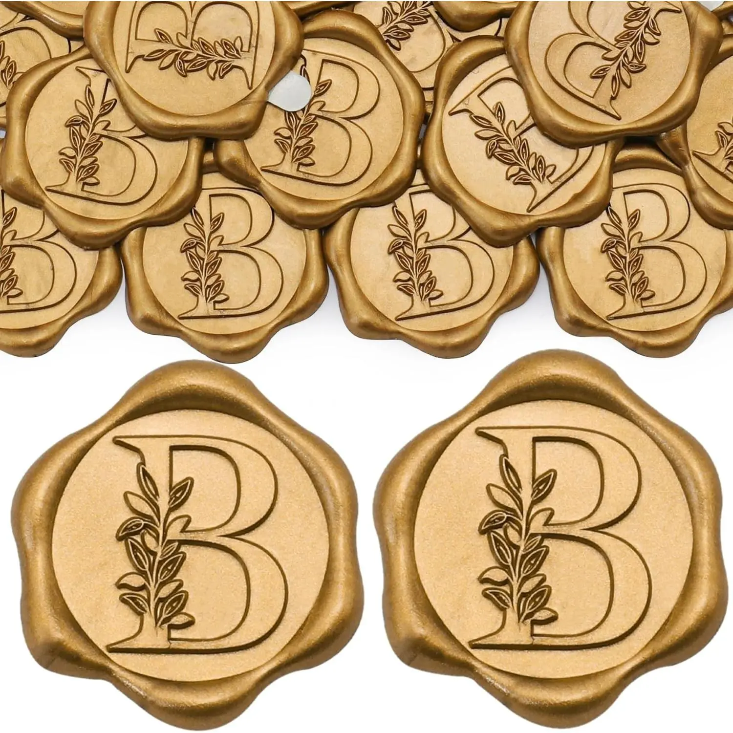 50 Pack Letter B Wax Seal Stickers, Antique Gold Botanical Leaves Initial Alphabet Self-Adhesive Wax Stickers, Wedding Party Invitation Envelope Seals
