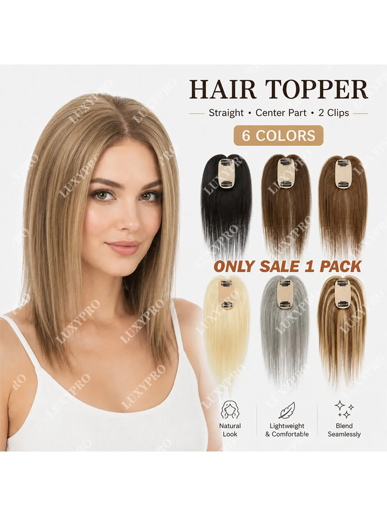 Women's Clip in Invisible Hair Topper, 8–14 Inch Straight Center Part, Lightweight Volumizing Hairpiece for Thinning Hair, 6 Colors Available