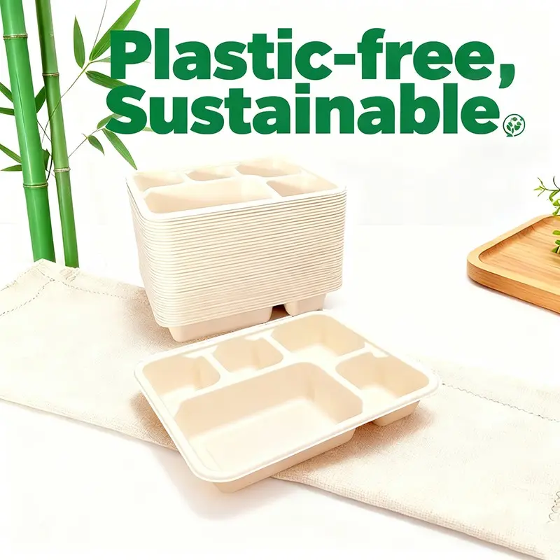Rui Bamboo 20 & 50 Pcs 1300ml (43 Oz) 5 Compartment To Go Trays, Disposable Bamboo Fiber Divided Lunch Plates Bulk Catering Supplies for Hot & Cold Dishes, Meal Prep (43 OZ)