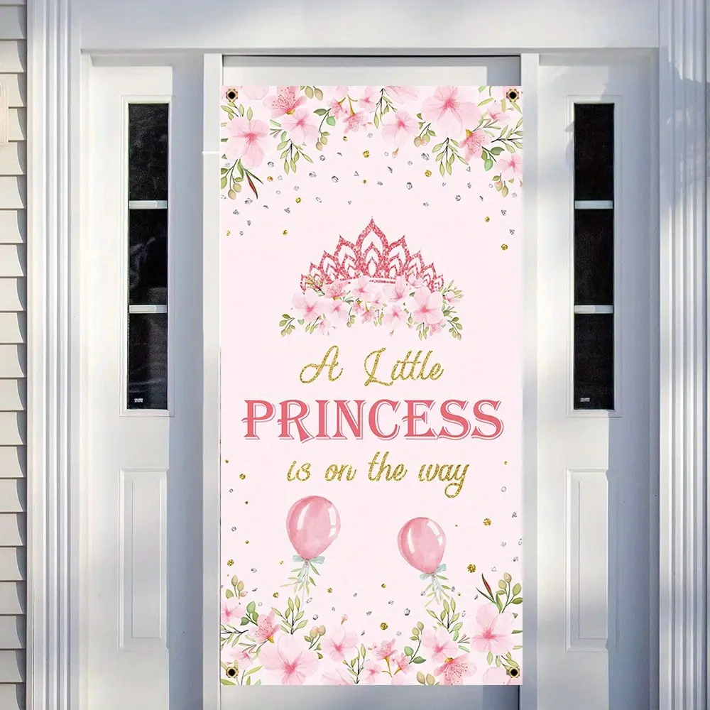 2D Flat Little Princess Baby Shower Door Banner | Pink Flowers, Crown & “Little Princess Is on Her Way” Backdrop | Single-Sided Polyester | Metal Grommets for Easy Hanging | Baby Shower, Welcome Party, Front Door & Indoor/Outdoor Decor