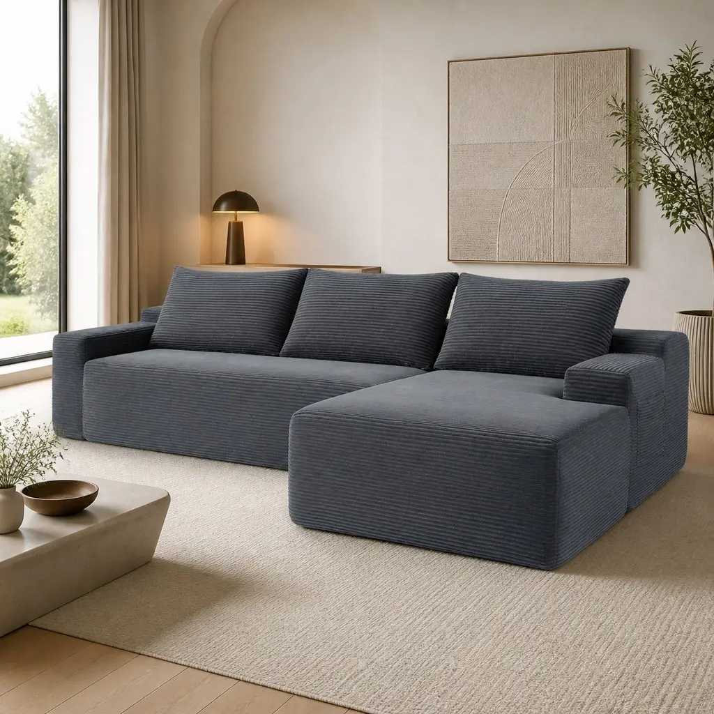 ARCH Modular L-Shape Sectional Sofa with Chaise Lounge, 96.9" Cloud Couch for Living Room, 3-Seat Corduroy Fabric Upholstered Sofa, Deep Seat, No Assembly Required, Blue Grey, Single Box, Blue+Grey Color Options, Fabric Material, 3 Seat Seat Count