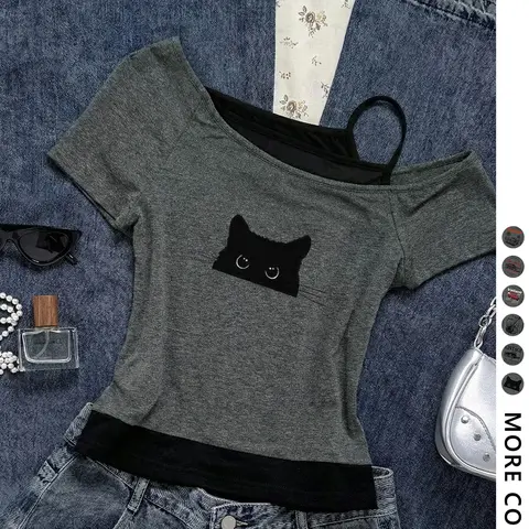 Women's Y2K Style Slim Fit Printed Top, Shoulder-Exposed Short Sleeve T-Shirt, Cute Cat Print Faux Two-Piece Design, Strap & Tie Details, Graphic Tees Print