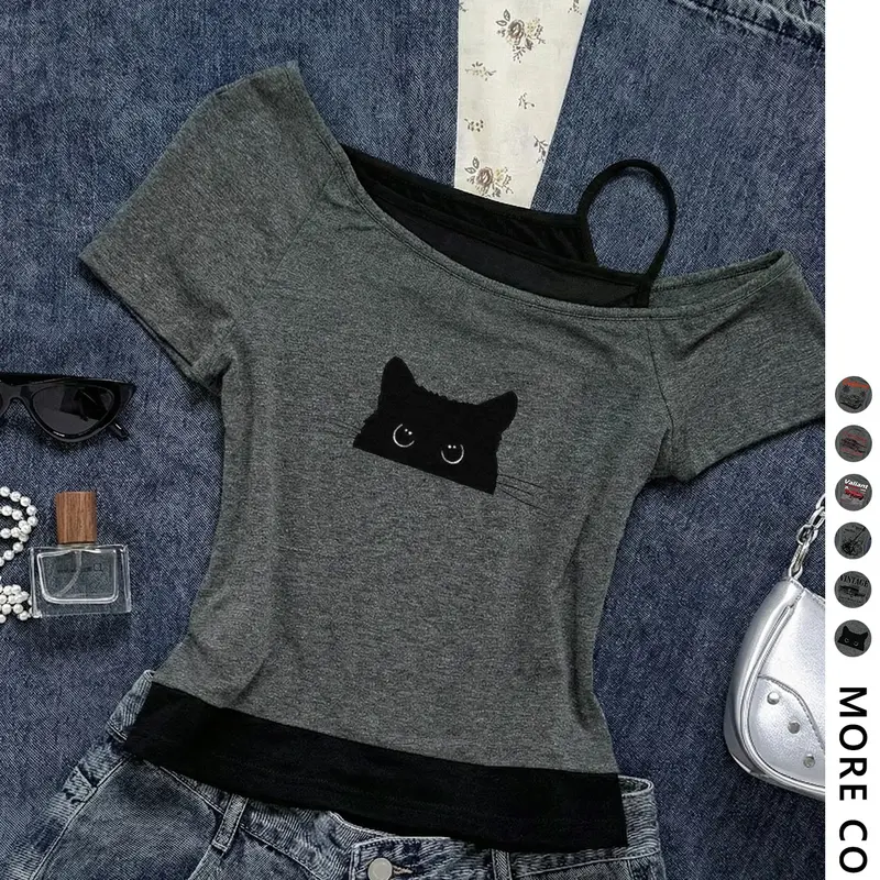 Women's Y2K Style Slim Fit Printed Top, Shoulder-Exposed Short Sleeve T-Shirt, Cute Cat Print Faux Two-Piece Design, Strap & Tie Details, Graphic Tees Print