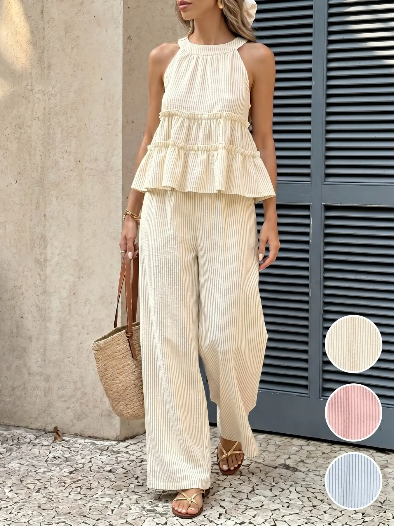 Women's 2 Piece Set | Sleeveless Halter Neck Ruffle Top & High Waist Wide Leg Pants | Casual Feminine Summer Beach Vacation Outfit