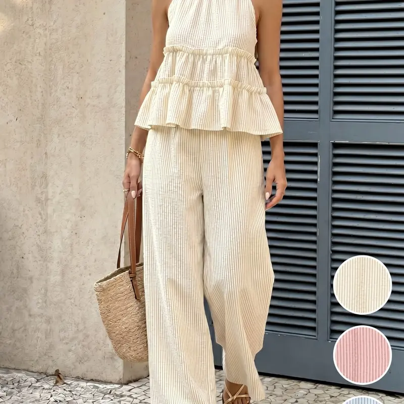 Women's 2 Piece Matching Sets | Sleeveless Halter Neck Ruffle Top & High Waist Wide Leg Pants | Casual Summer Beach Vacation Outfit