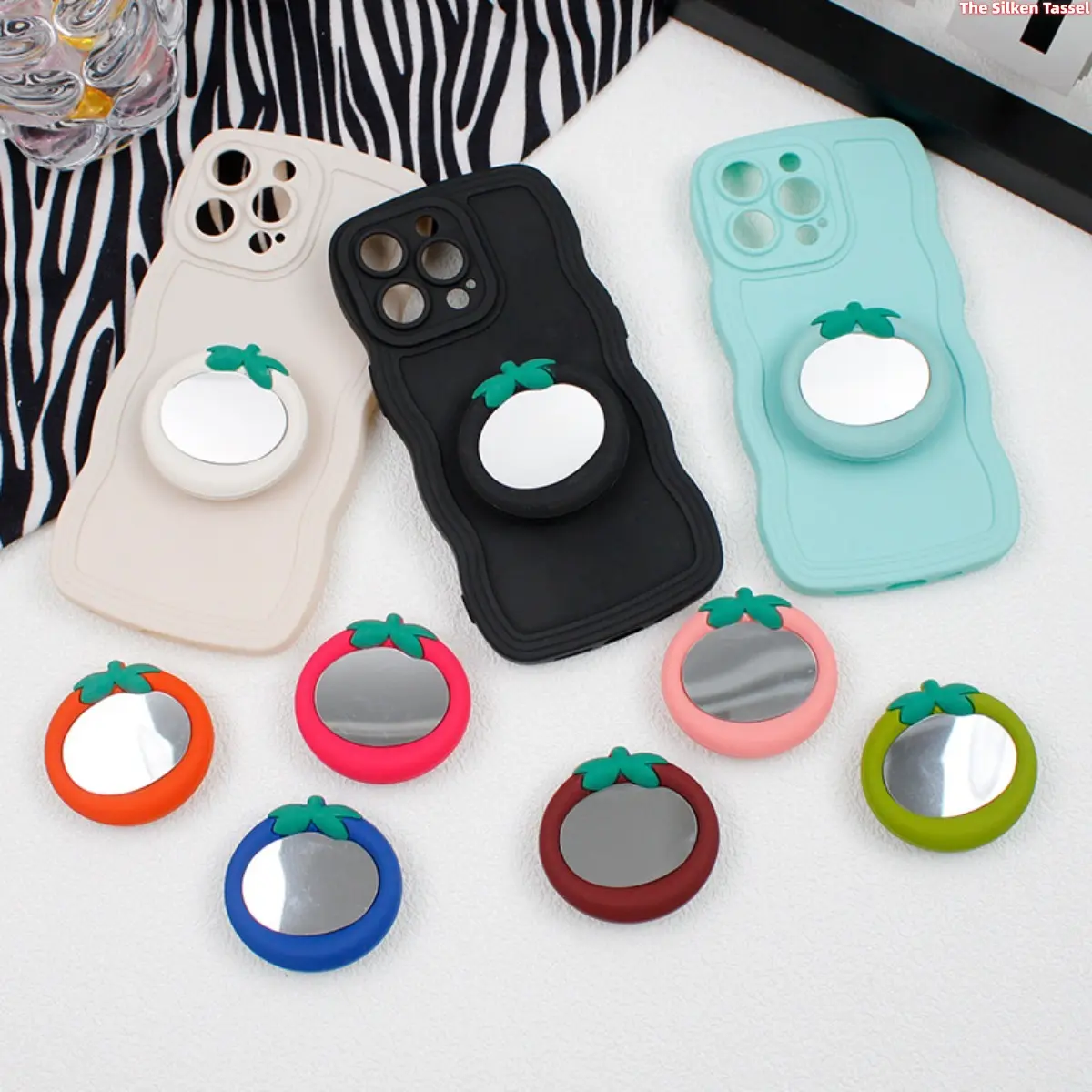 Retractable Persimmon Silicone Pop Socket with Mini Makeup Mirror, Portable Lazy Phone Stand, Collapsible Mirror Grip Holder for All Smartphones (Sports & Outdoor Accessory), Mirrors tiktokshopbacktoschool