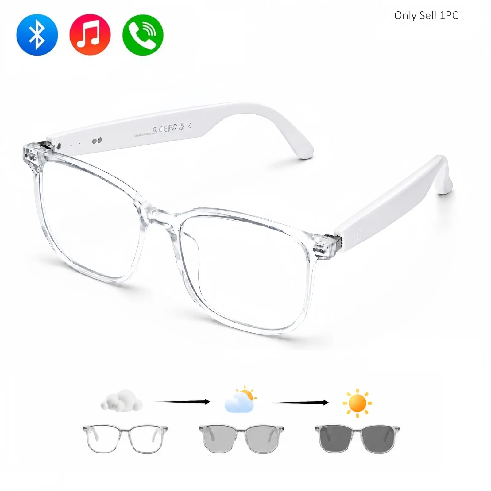 Photochromic Multifunctional Smart Glasses, Open-Ear Bluetooth Audio Sunglasses with Speakers, Calls, Music, Voice Assistant and Touch Control