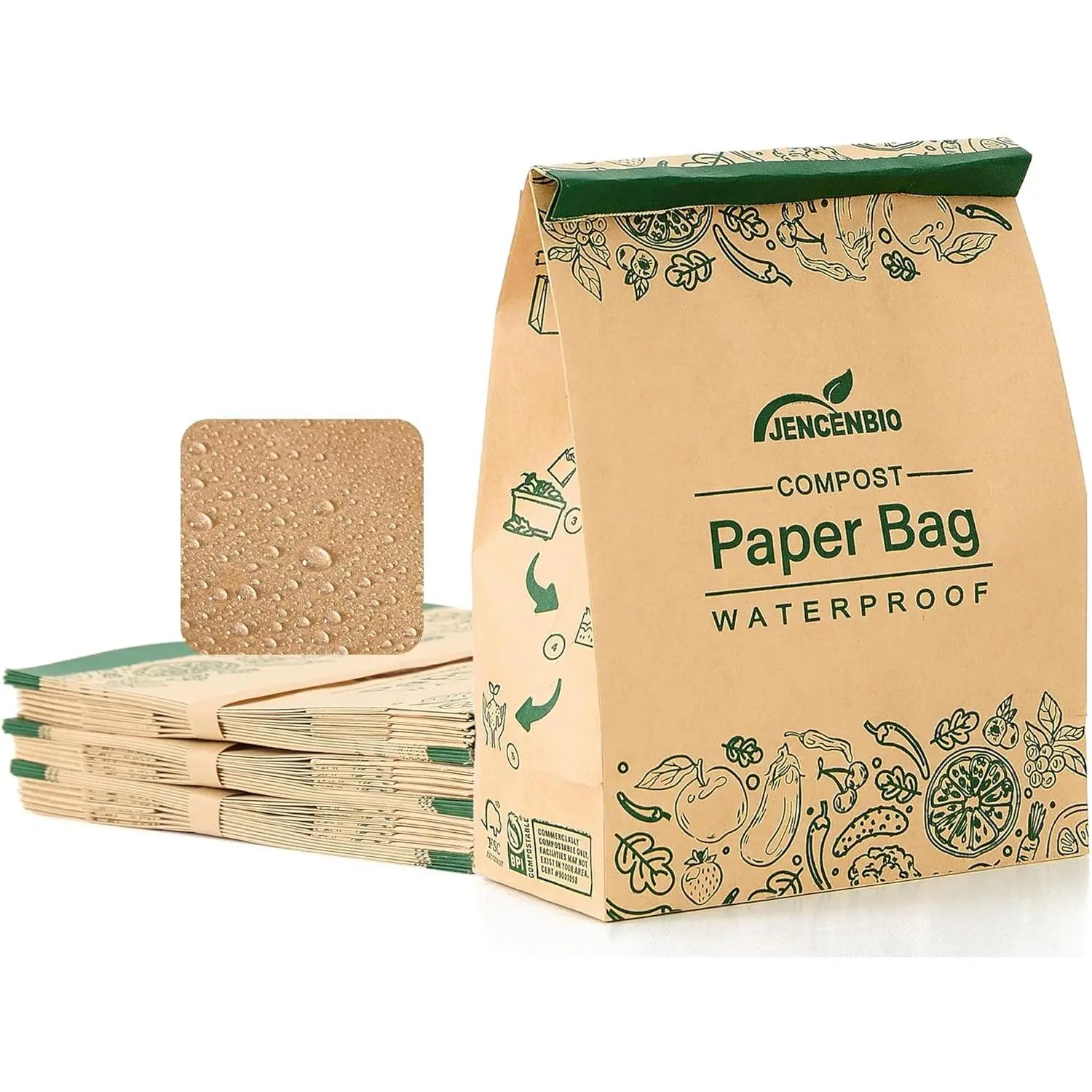 Compostable Paper Bag Leakproof Kitchen Food Waste Bag 30 Bags Waterproof Bin Liner with BPI Certified
