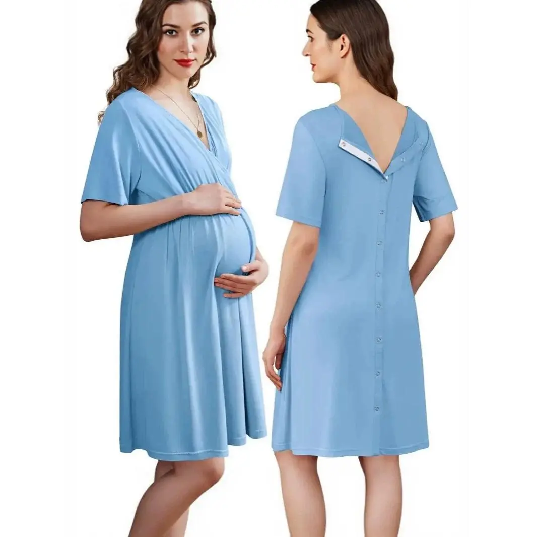 Women's Maternity Stretchy V-Neck Labor Gown - Solid Loose Fit, Nursing Access, Split Front, Postpartum Wear, Sports Dress for Pregnancy Use, Maternity Clothing, Short Sleeve Tops