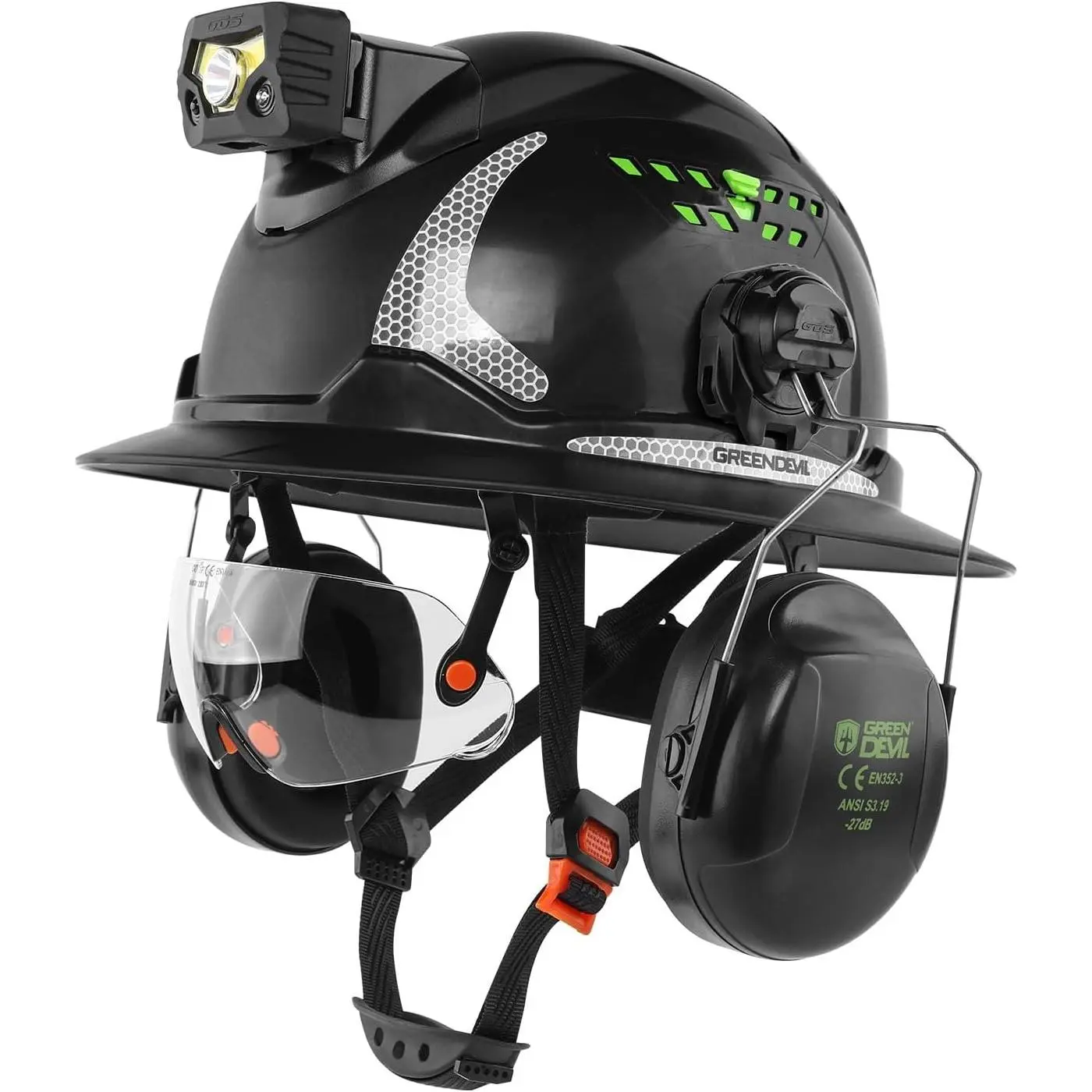 Full-Brim 4-in-1 Work Helmet w/ Flip-Up Visor & Earmuffs, Vented Shell, Adjustable Ratchet Fit, Sweatband, Chin Strap, Reflective Stripes, Lightweight HDPE, Outdoor & Job Site Use
