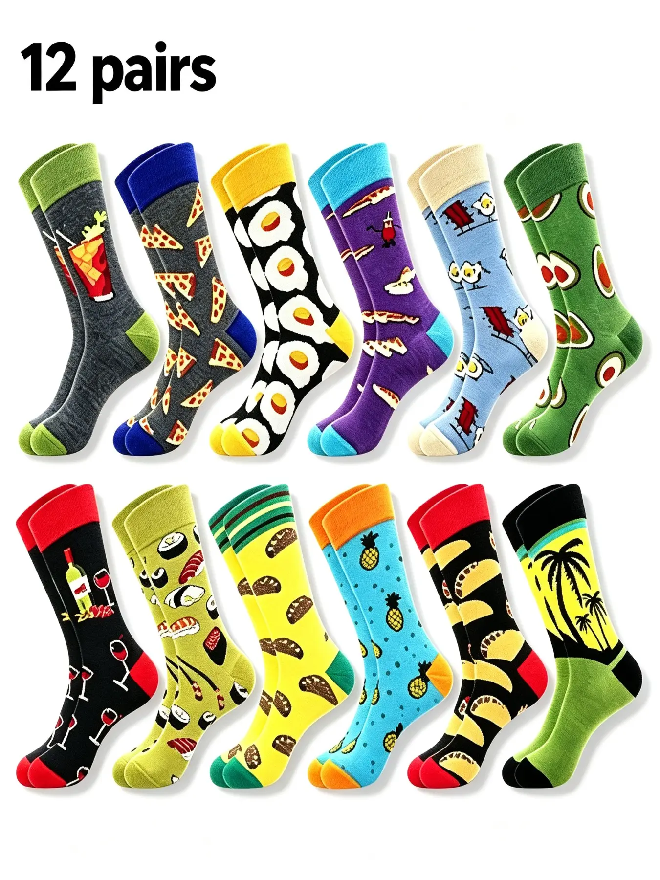12 Pairs Creative Food Pattern Men's Knitted Crew Socks, Comfortable Daily Wear, Unisex, Perfect for Gifts, Ideal for Home, Parties, Holidays