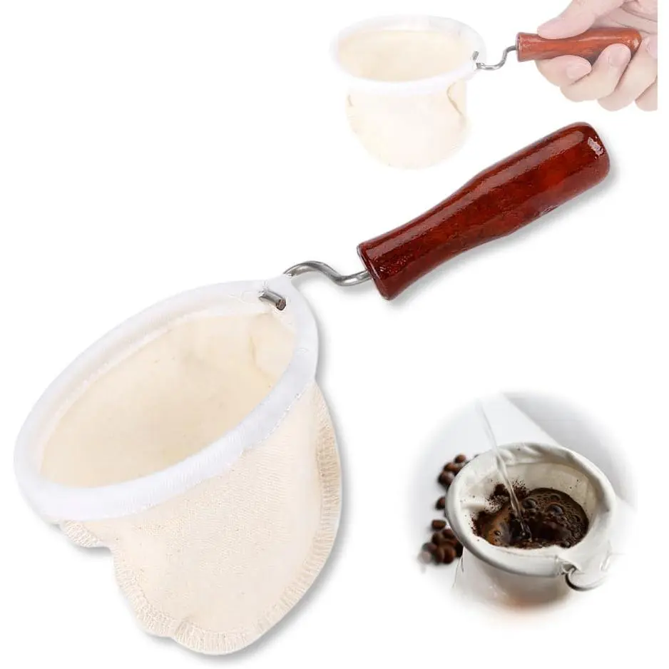 Cloth Coffee Filter More Sense of Ritual Handmade Coffee Filter Preferred Washable Reusable Flannel Cloth Coffee Sock with Wooden Handle Strainer for Coffee Lover Home Office Use