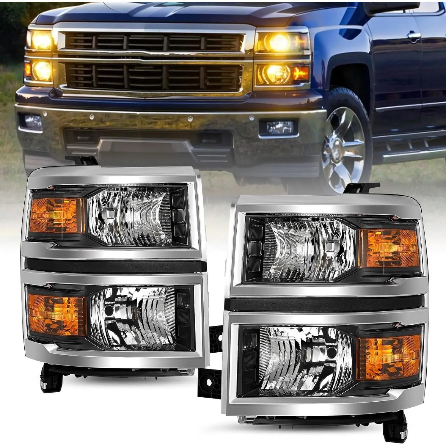 Halogen Headlight Assembly for 2014-2015 Chevy Silverado 1500, OEM-Style Chrome Housing, Easy-Install Anti-Fog UV Waterproof Light, Left & Right Side Replacement
