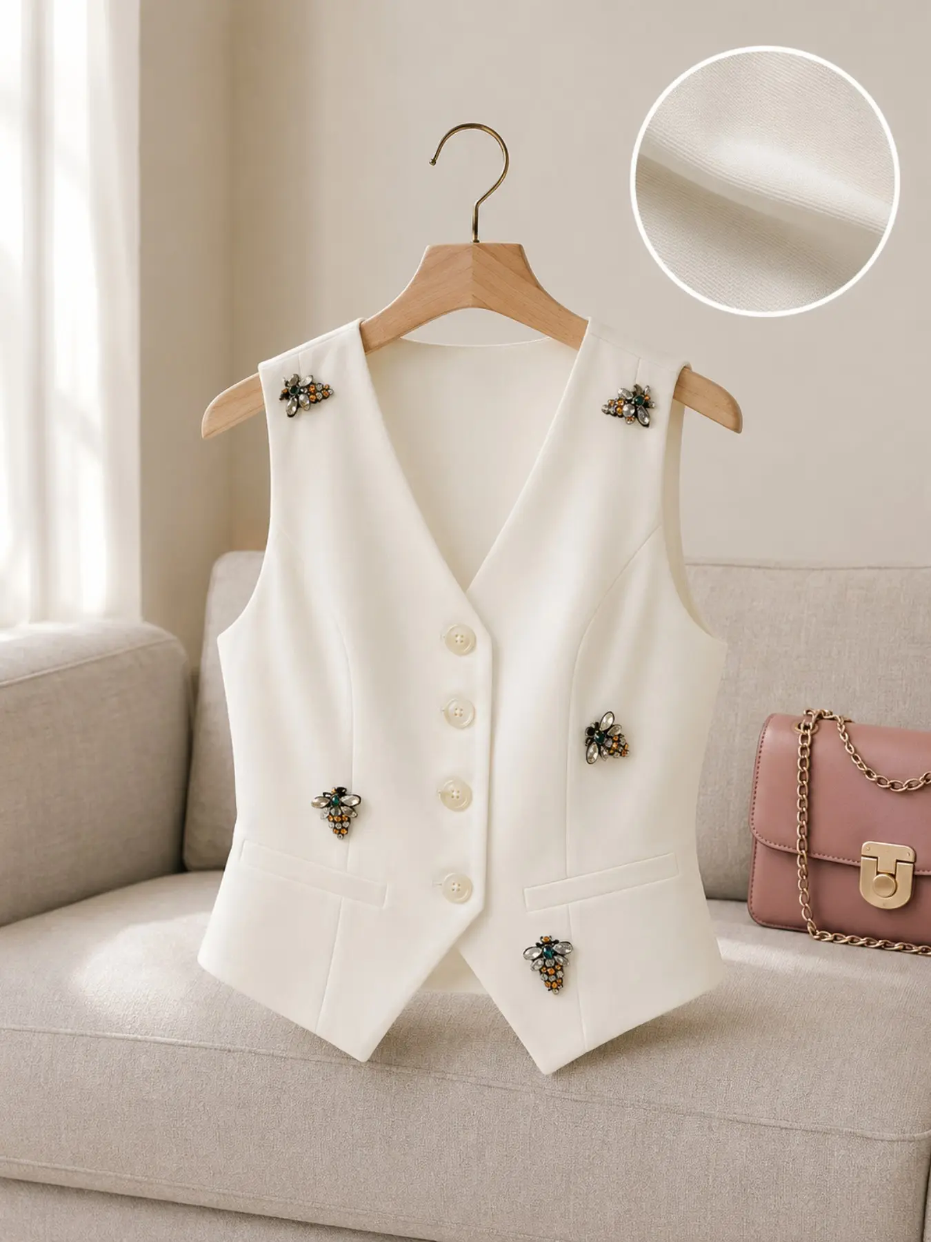 Heavy Embellished Bee Beaded Suit Vest Jacket, French Style Waist-Defining Commuter V-Neck, Single-Breasted Sleeveless Top, Chic