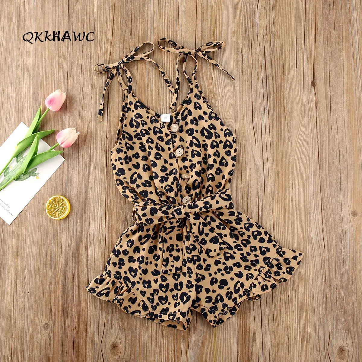 Summer leopard print sleeveless jumpsuit for children and girls, adjustable lace up V-neck jumpsuit, front button detail, paired with waist belt and pleated shorts, Breeches