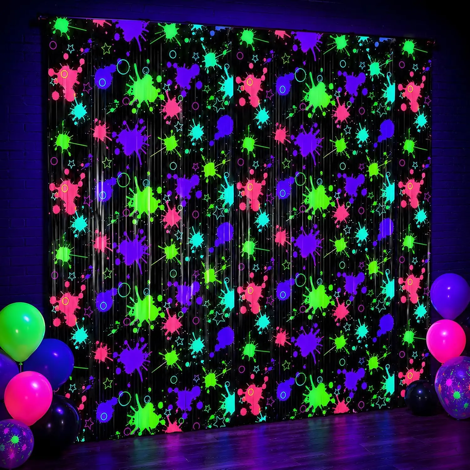 3 Pack Glow in The Dark Party Curtains 3.3x6.6ft Neon Party Decorations Glow Tinsel Foil Fringe Curtains Colorful Neon Backdrop Parties Supplies for Birthday Holiday Blacklight Parties Decor