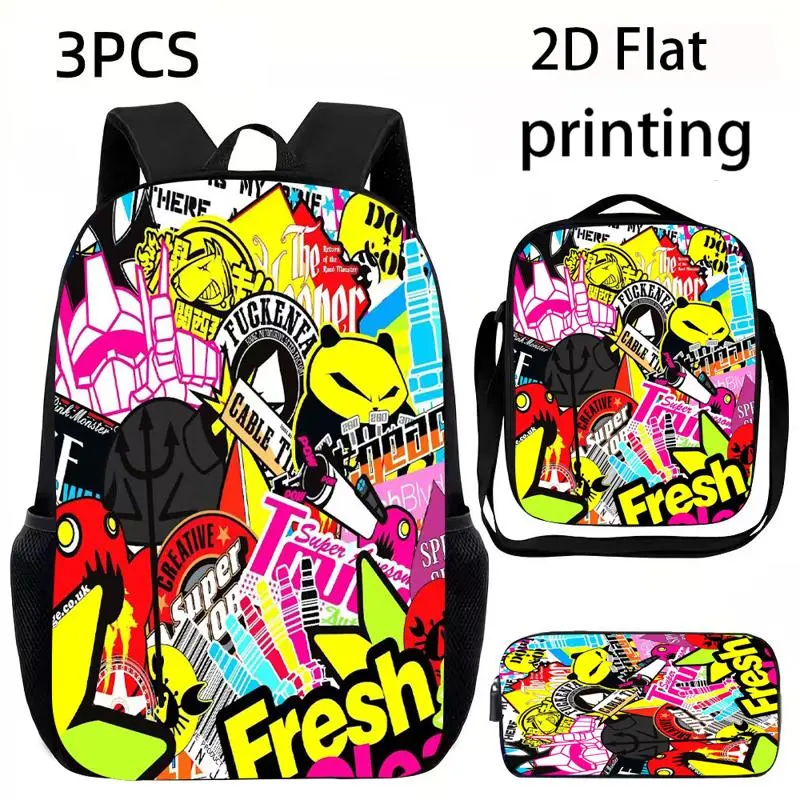 This unisex, high-capacity backpack set (available as a single item or a 3-piece set) features a 2D flat-print design with fluorescent, contrasting graffiti-style accents, adjustable shoulder straps, and a secure zip closure. The set includes a backpack,