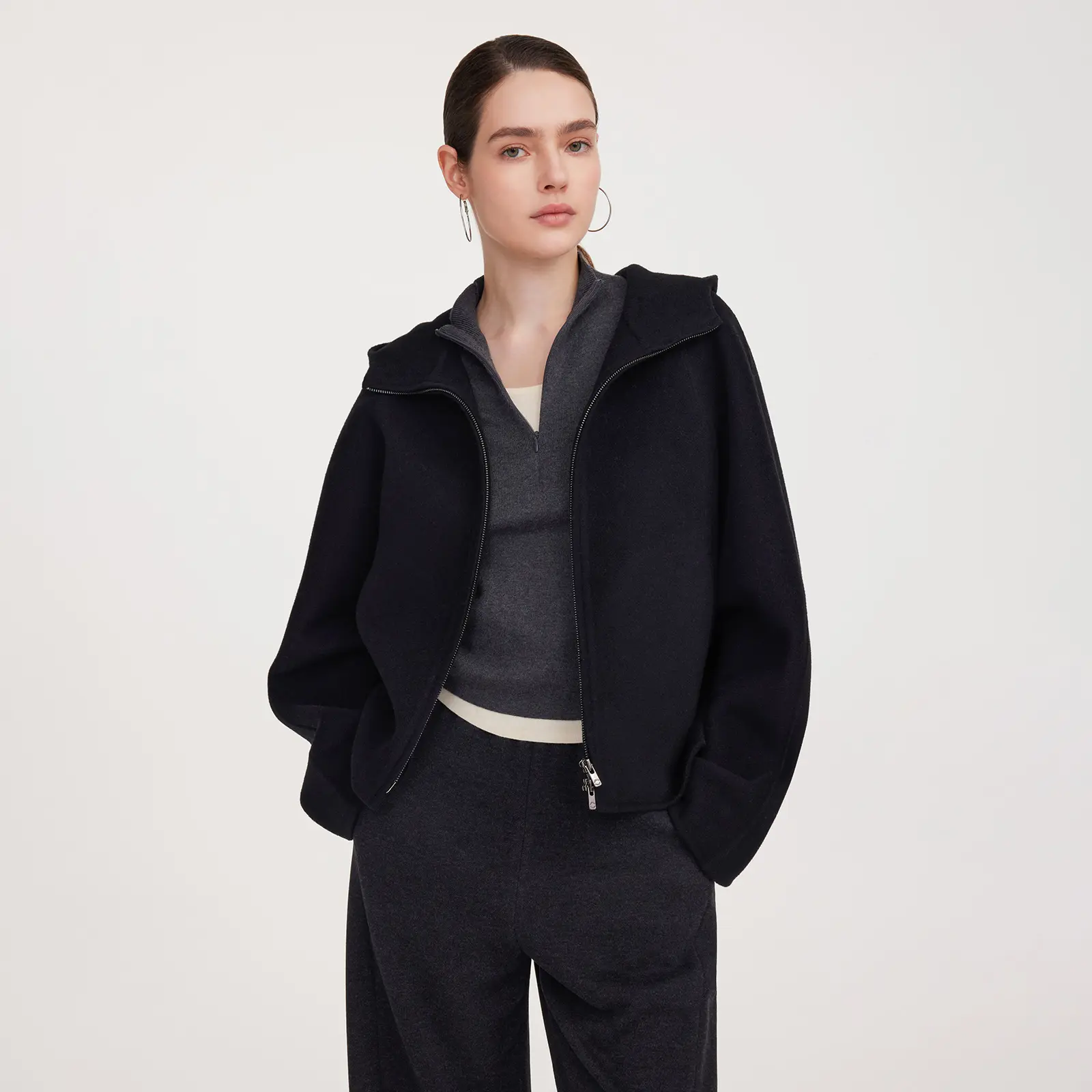 Tencel Wool Blend Double-Faced Hooded Women Jacket