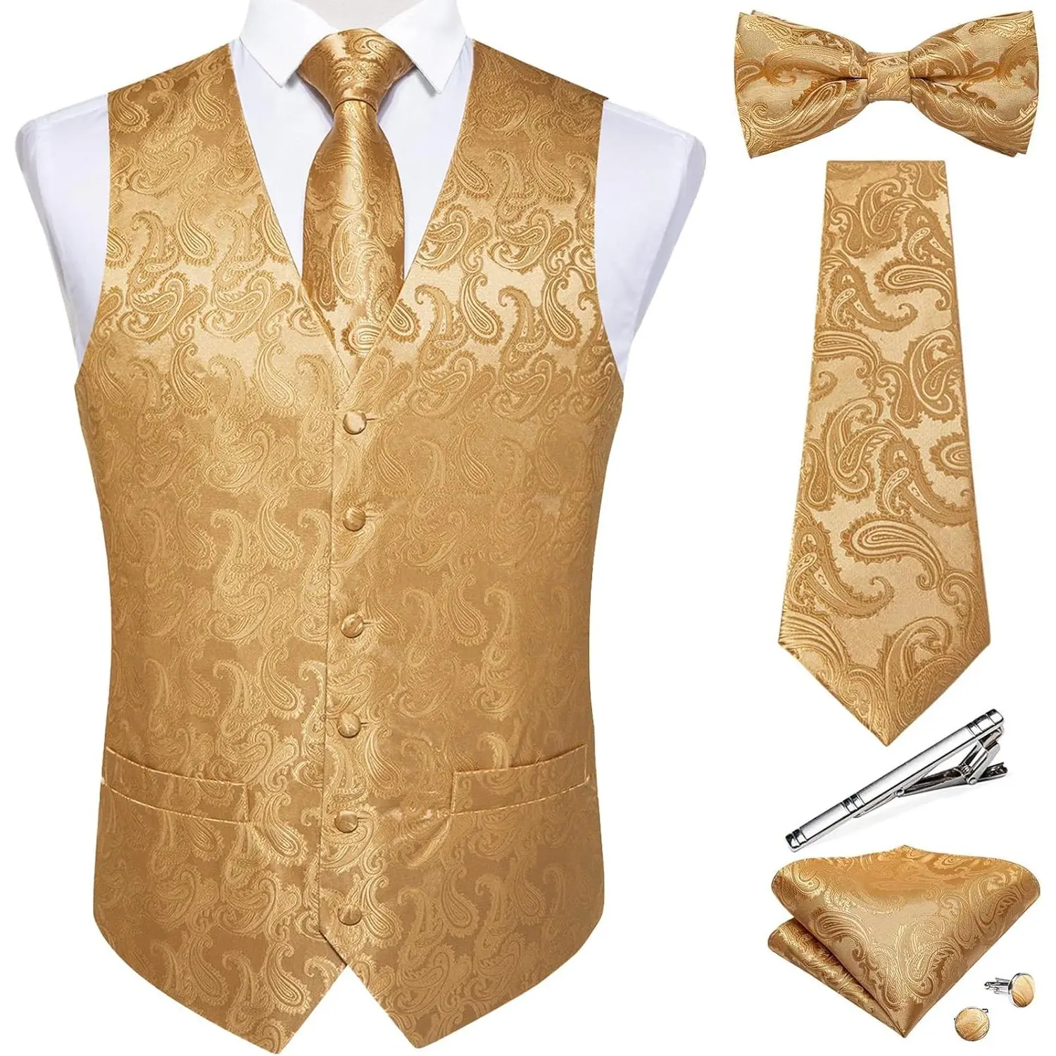Men's Silk Paisley Vest and Necktie Set 6PCS Pre-tied Bow Tie Formal Waistcoat for Wedding Party