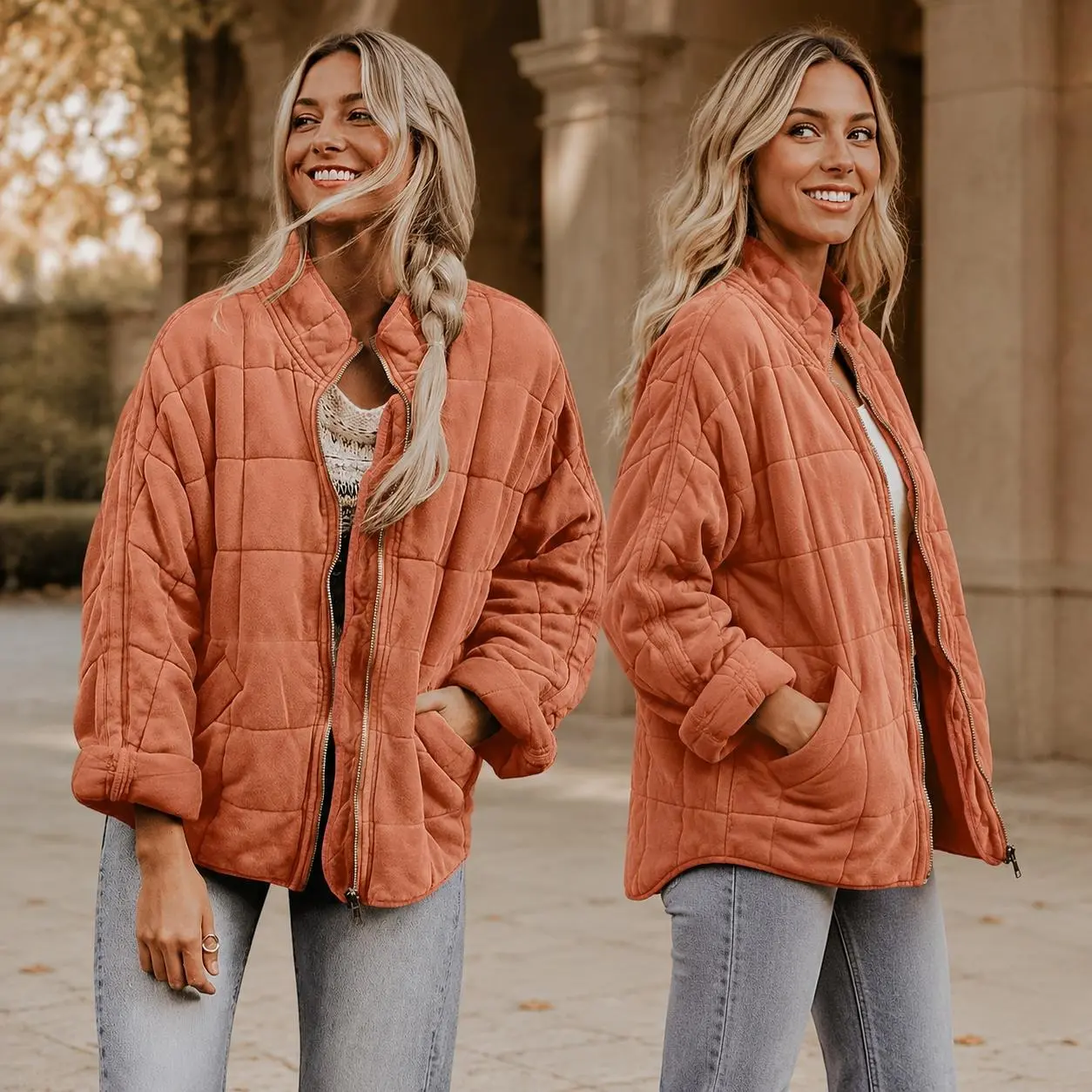 Women's Oversized Quilted Full-Zip Outerwear - Simple Everyday Stand-Collar Garment with Grid Stitching, Pockets for Fall, Winter, Outdoor Wear