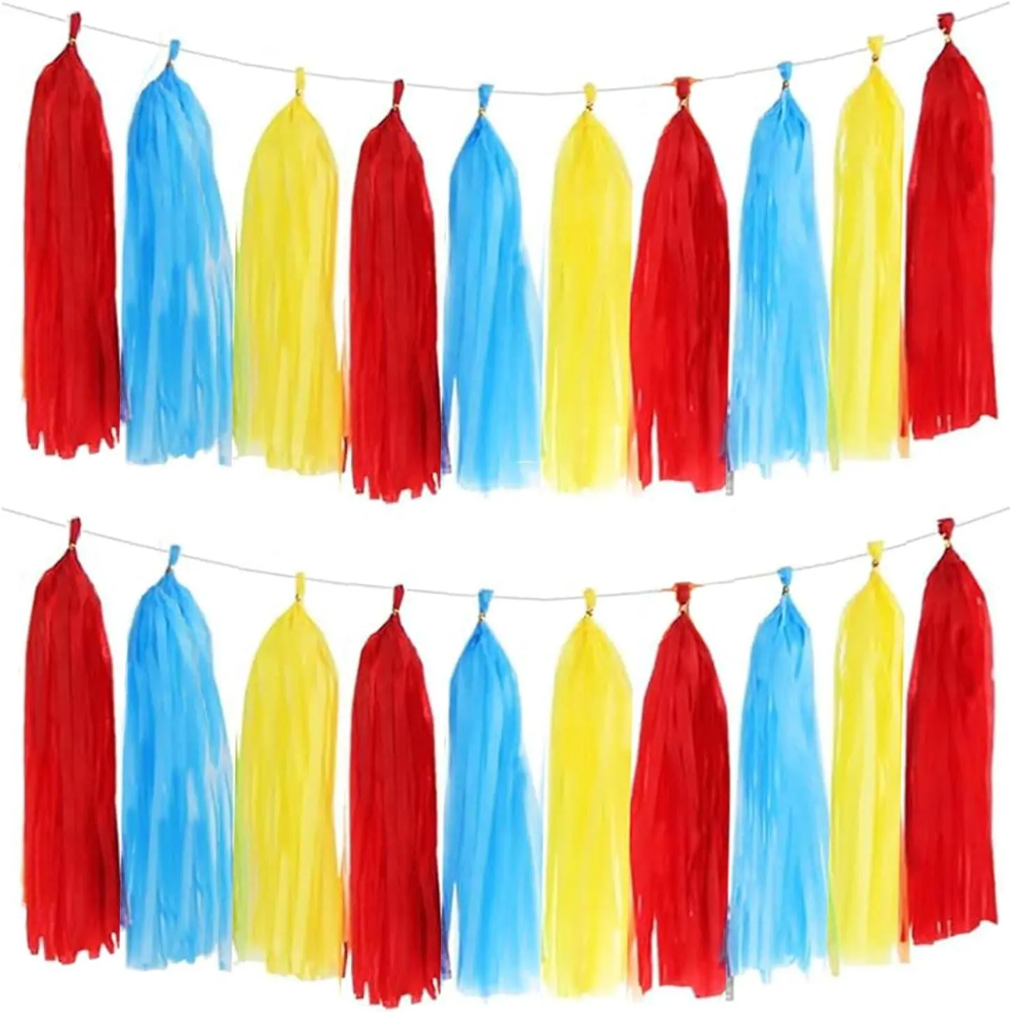 Red Blue and Yellow Tassel Garland Banner Paper Tassels for Party Decorations Pack of 15