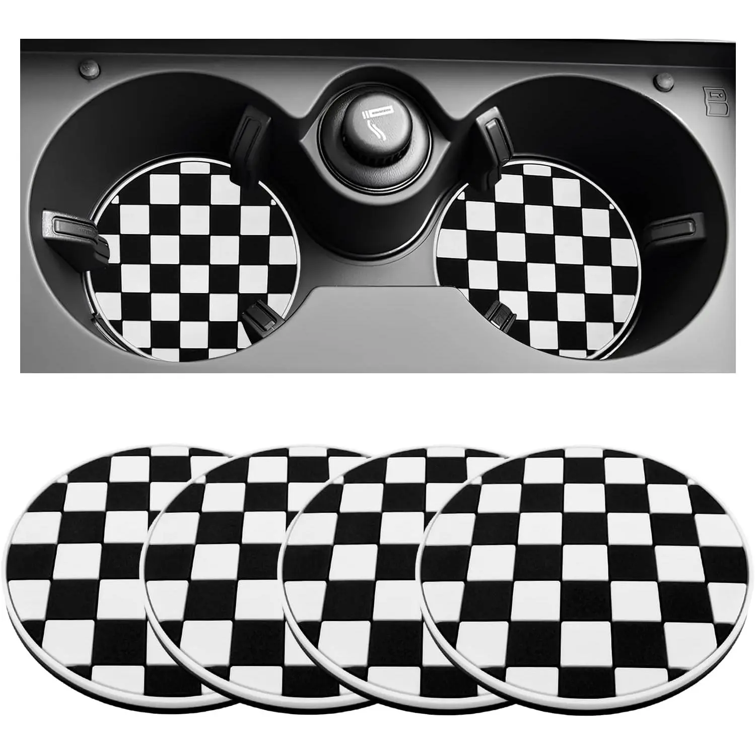 4 count  Cup Coasters, 2.75 Inch Anti-Slip Checkered Auto Front Console Drink Mats Bottle Pad,  Cup Holder Insert Coasters for  ,  Accessories (Checkerboard)
