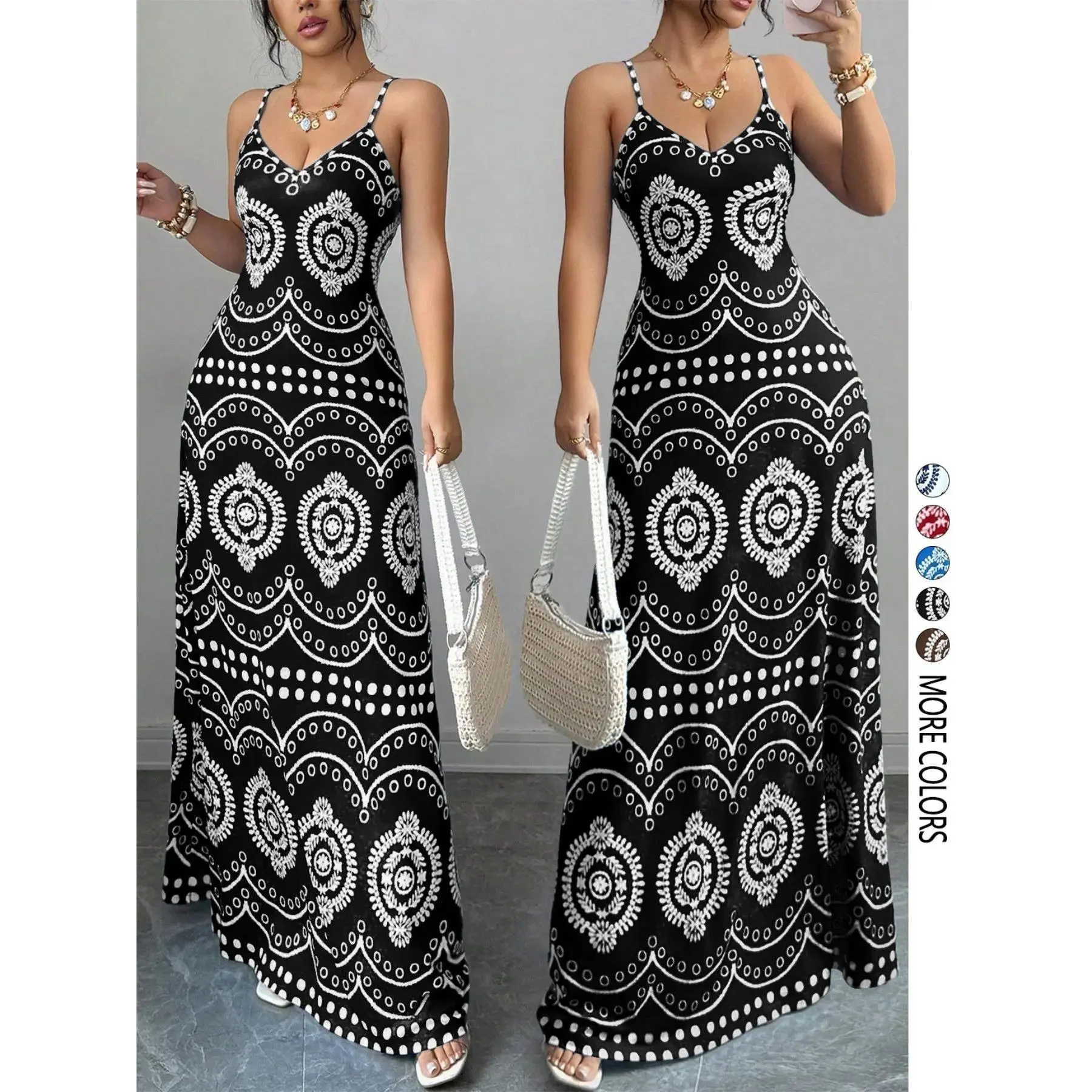 Women’s Elegant Ethnic Print V Neck Dress, Spaghetti Strap Boho Style Summer Dress for Casual, Party and Everyday Wear