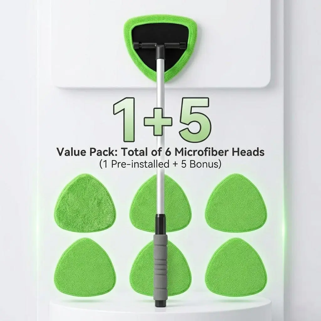 Lightweight Aluminum Alloy Extendable Telescopic Handle Glass Cleaning Wand Kit (7-Piece) – Professional Streak-Free Home Glass Tool with 6 Washable Microfiber Bonnets, Refillable Spray Bottle, Bonus Vent Crevice Brush for Interior/Outdoor Use