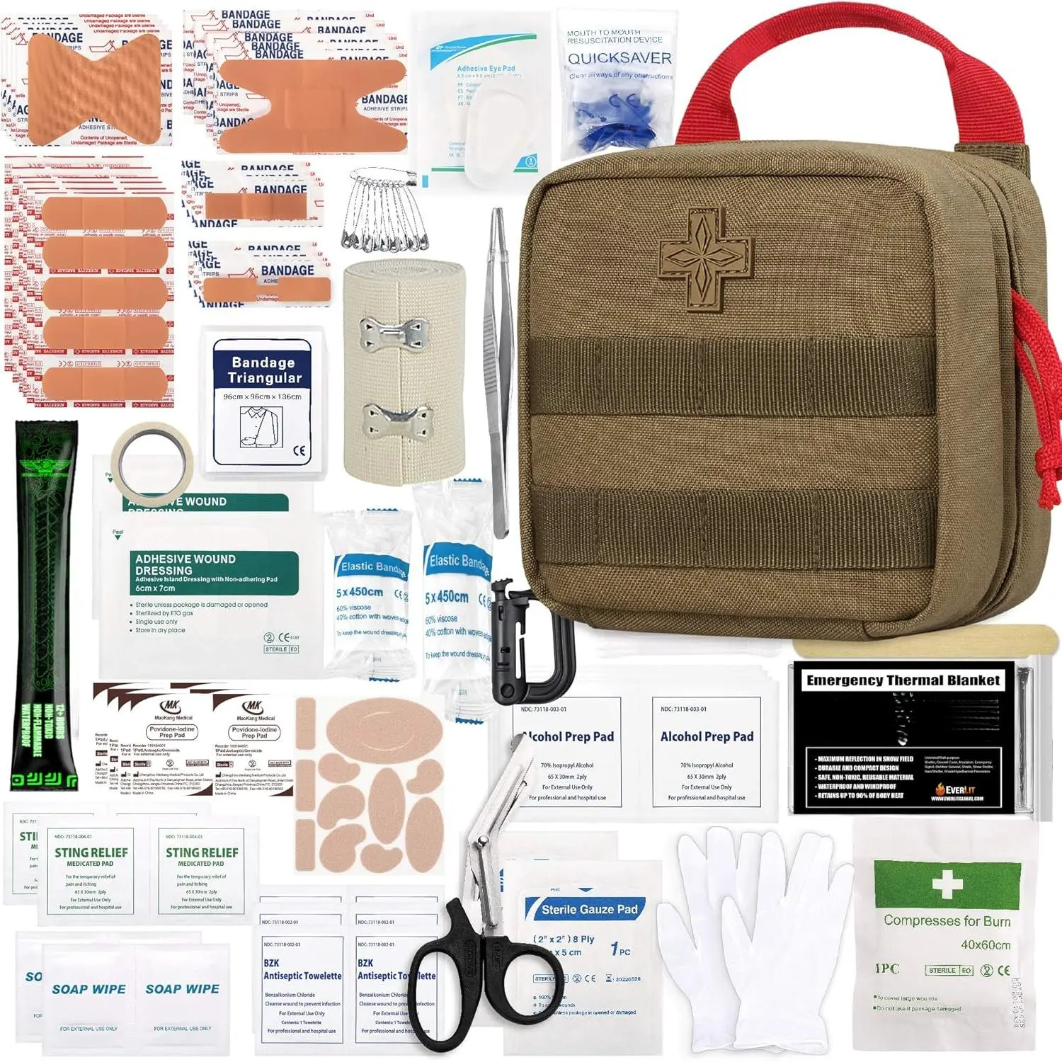 EVERLIT 180-Piece Tactical First Aid EMT Pouch Survival Supplies with Nylon Fabric & Quick Release for Adventure Seekers, Camping, Home Use