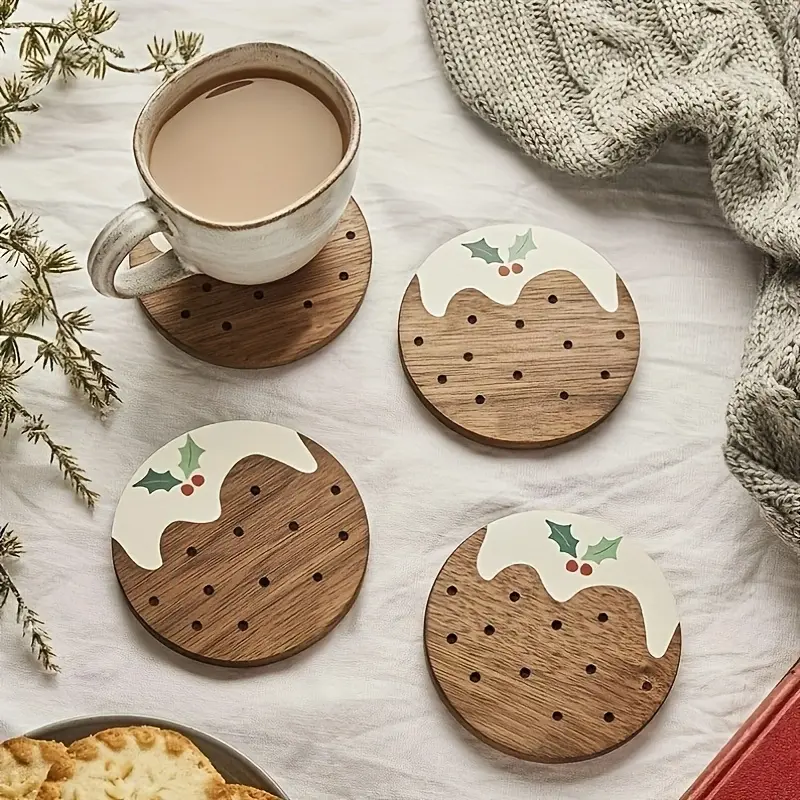 6PCS Christmas Pudding Wooden Coasters, Custom Wooden Coasters for Home, Office, Cafe, Tea Room Decoration