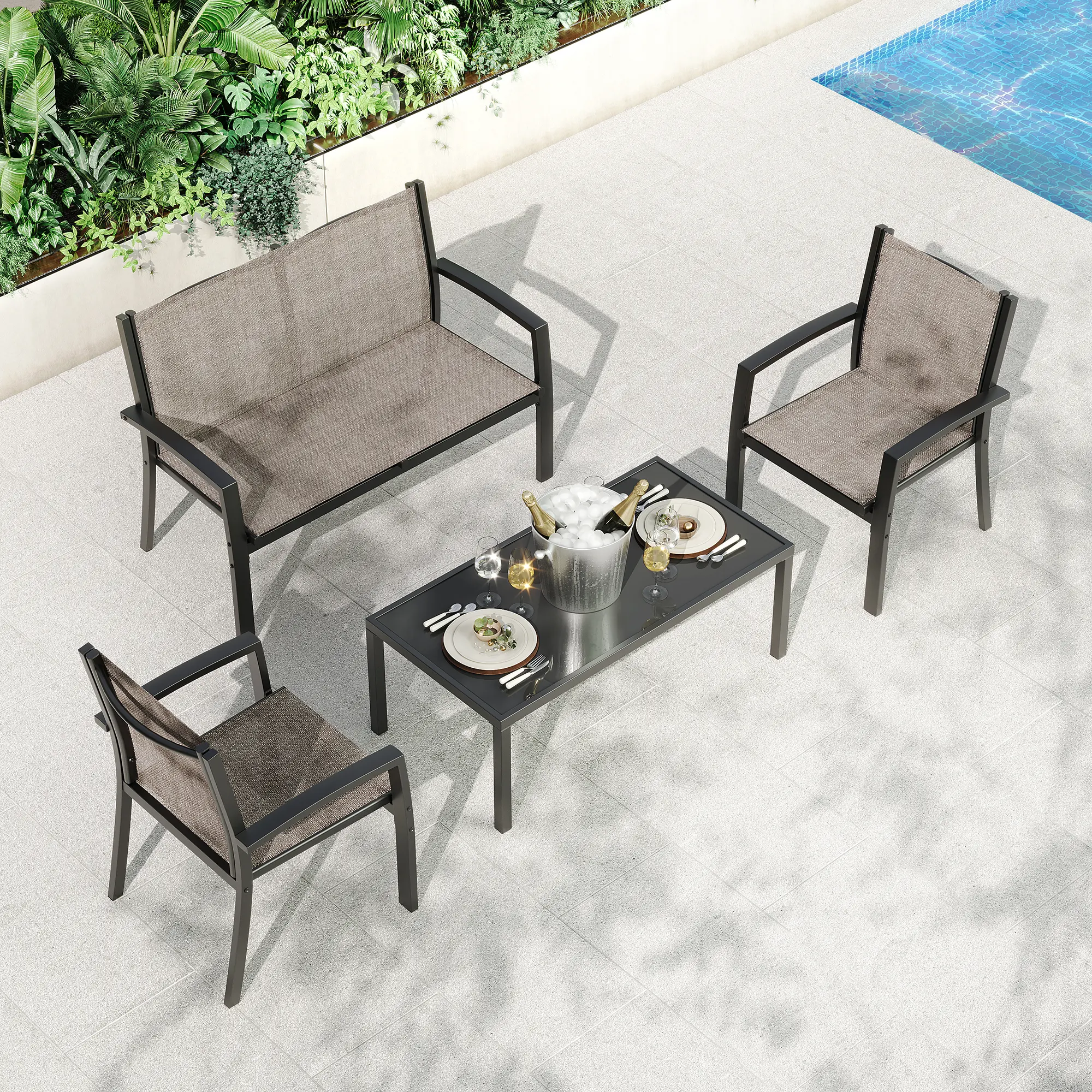 Modern 4-Piece Metal Patio Set, Breathable Textilene Seats – Includes Loveseat, 2 Single Chairs and Coffee Table – Ideal for Porch, Backyard, Balcony or Poolside