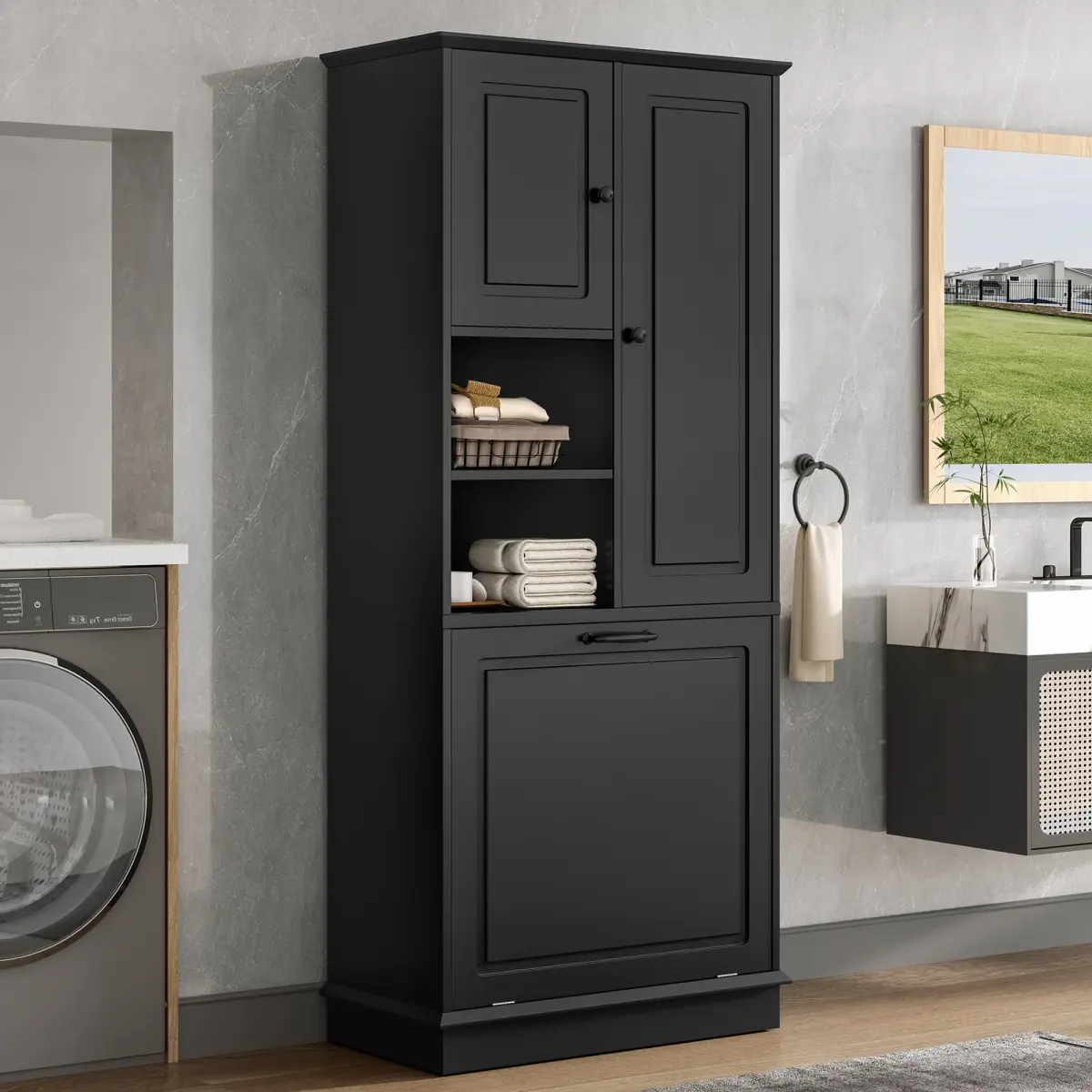 68" Tall Bathroom Storage Cabinett with Adjustable Shelves, Large Flip-Out Basket & Enclosed Cabinets – Perfect for Bathroom, Living Room, or Office, MDF Material with Aluminum Alloy Handles