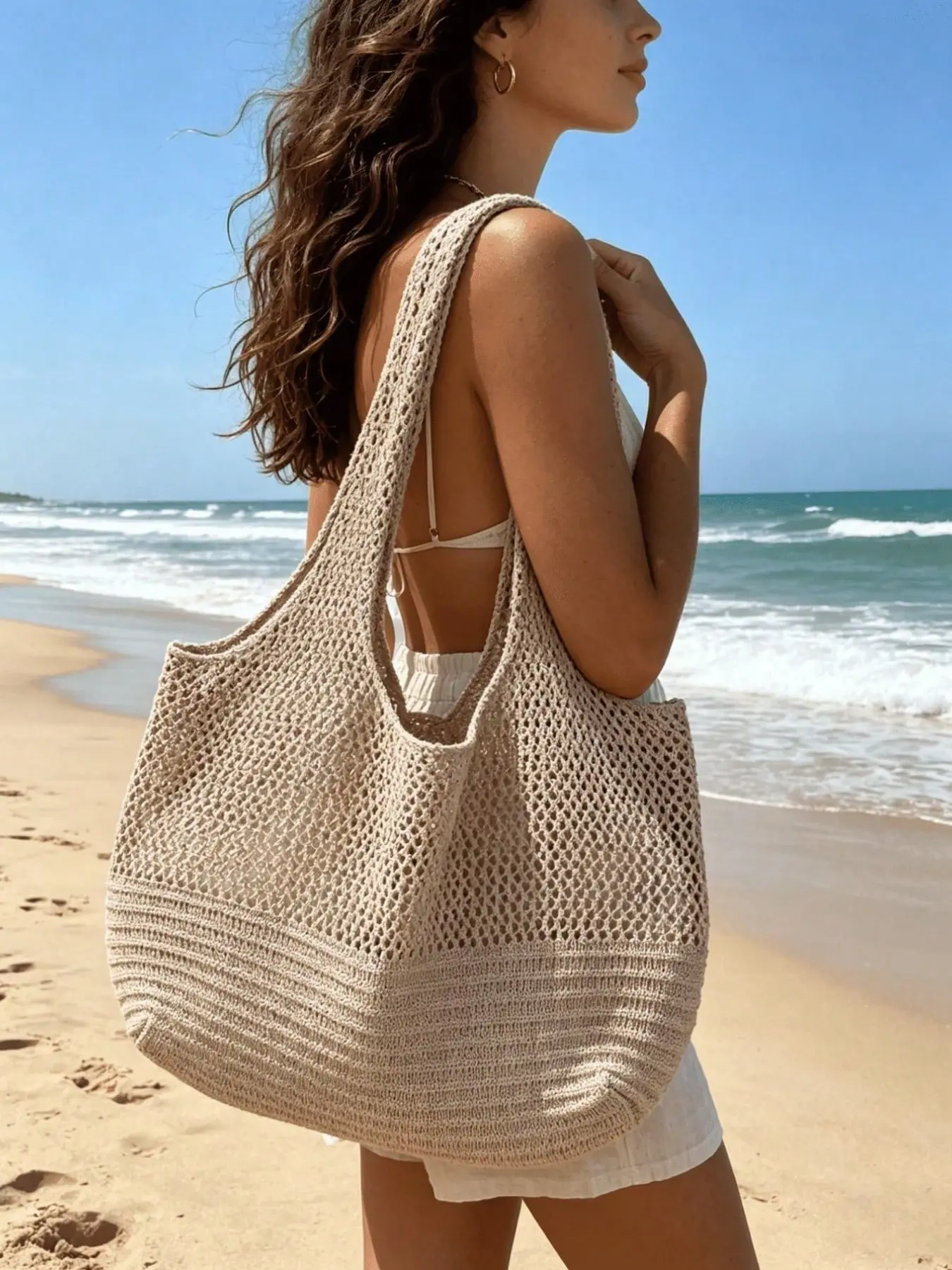 Women'S Tote Bag Solid Color Large Capacity Knitted Bag Summer Seaside Beach Bag Crochet Woven Bag, Women'S Handbag, Shoulder Bag, Holiday Travel Bag, Lunch Bag, Women'S Travel Essentials, Suitable for Students And Professional Women, Boho Tote Bag