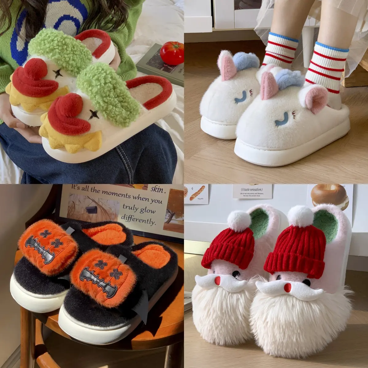 Halloween Christmas slides Gift Cute Cartoon Plush Closed Toe fluffy House fashion Slippers Funny Clown Unicorn Pumpkin Santa  Fuzzy Warm Indoor Footwear Thick Sole Anti‑slip Soft Home Shoes For Bedroom Winter Holiday Cosplay Gift Casual breathableslide