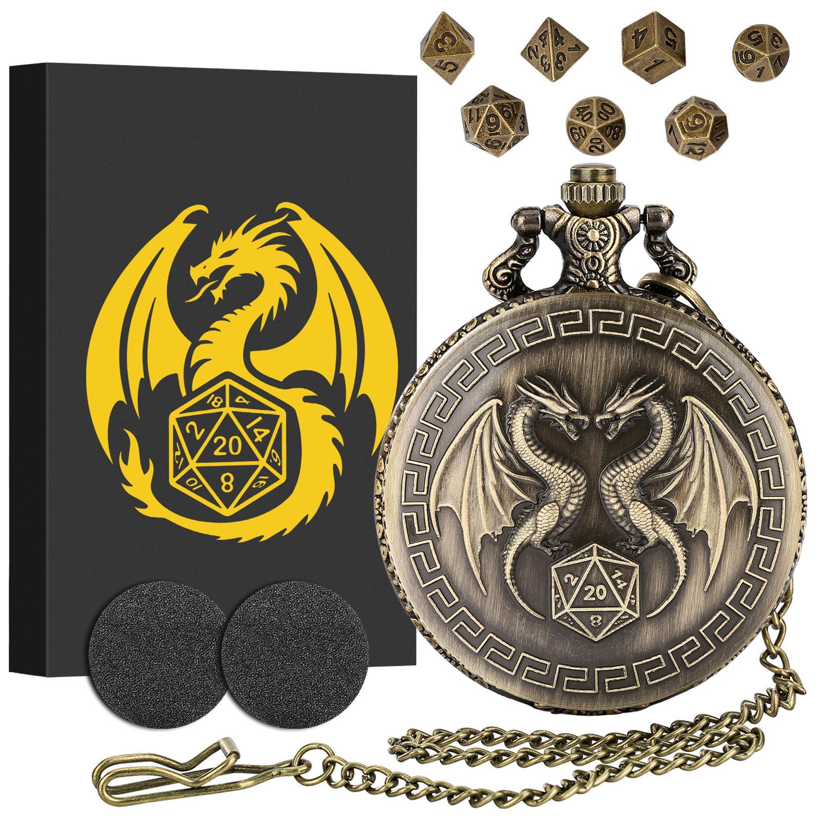 Durable Dragon Pattern Dice Set, Dnd Metal Dice, Polyhedral Dice Set, 1 Set Dice with Chain & Watch Case, Role Playing Game Accessories, Tabletop Games for Party, Family, Friends