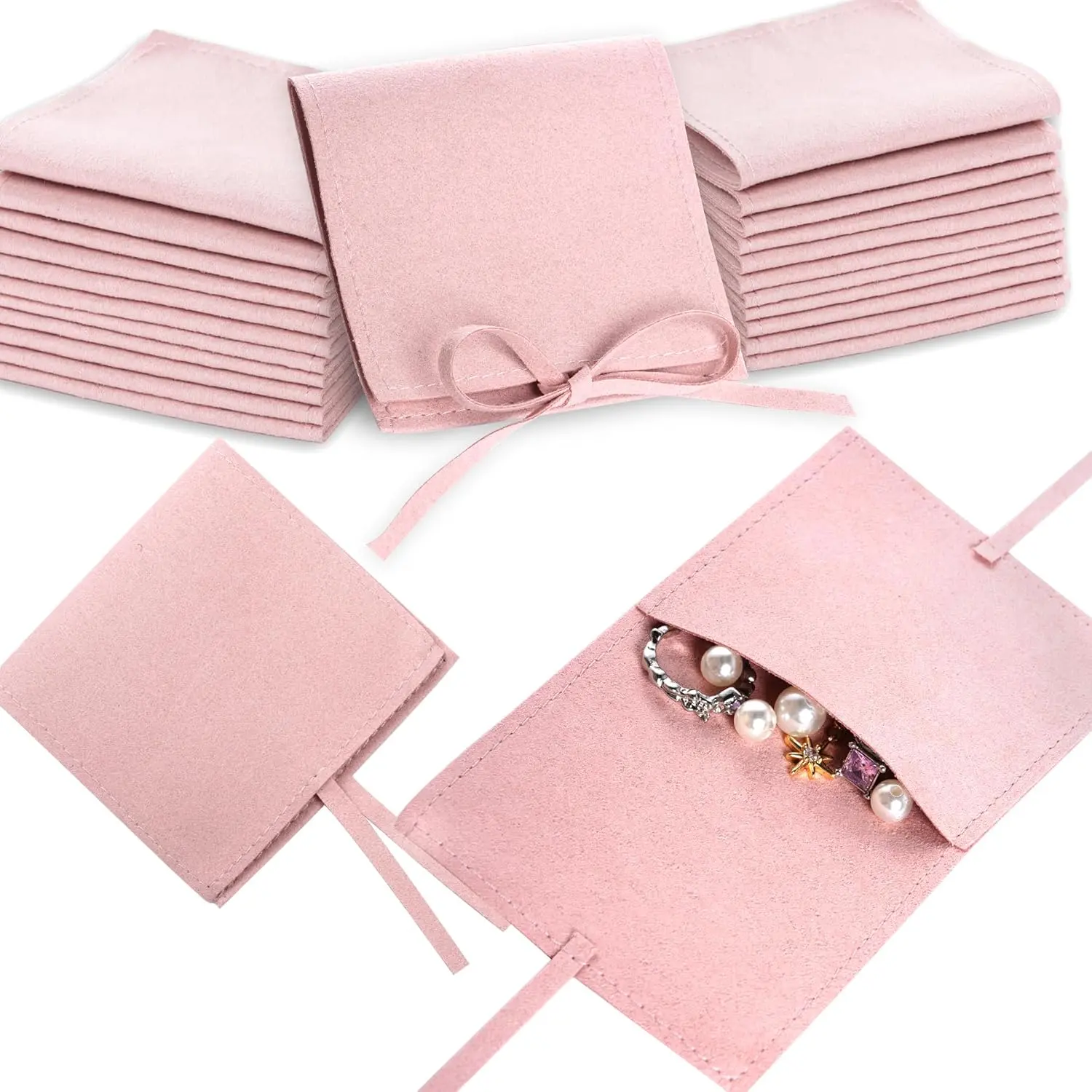 Jewelry Pouch 12pcs Jewelry Packaging Bag Microfiber Jewelry Bags 8 * 8cm Jewelry Bags Envelope Style with Strings Jewelry Pouches Bulk for Bracelet Necklace Packaging(Pink)