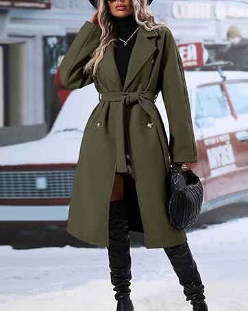 Danedvi Women Elegant Wool Pea Coat Lapel Collar Double Breasted Mid-Long Winter Overcoats with Belted Pockets