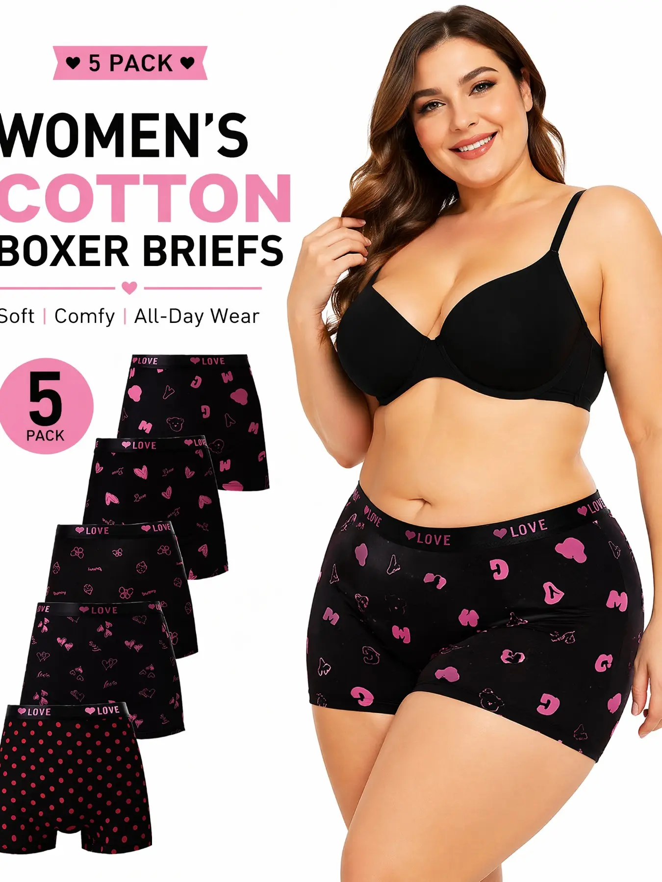 5-Pack High-Waisted Plus Size Underwear, Breathable Knickers, High Waisted Panty, Comfortable Fashion Design, Solid & Printed Patterns, Breathable Fabric, Non-Slip Fit