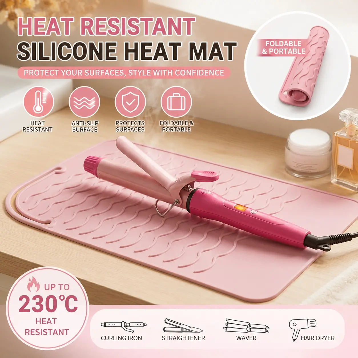 High-Temperature Silicone Hair Curler Insulation Pad, Foldable Non-Slip Protective Straightener Heat Protector, Portable Travel Hair Tool Guard