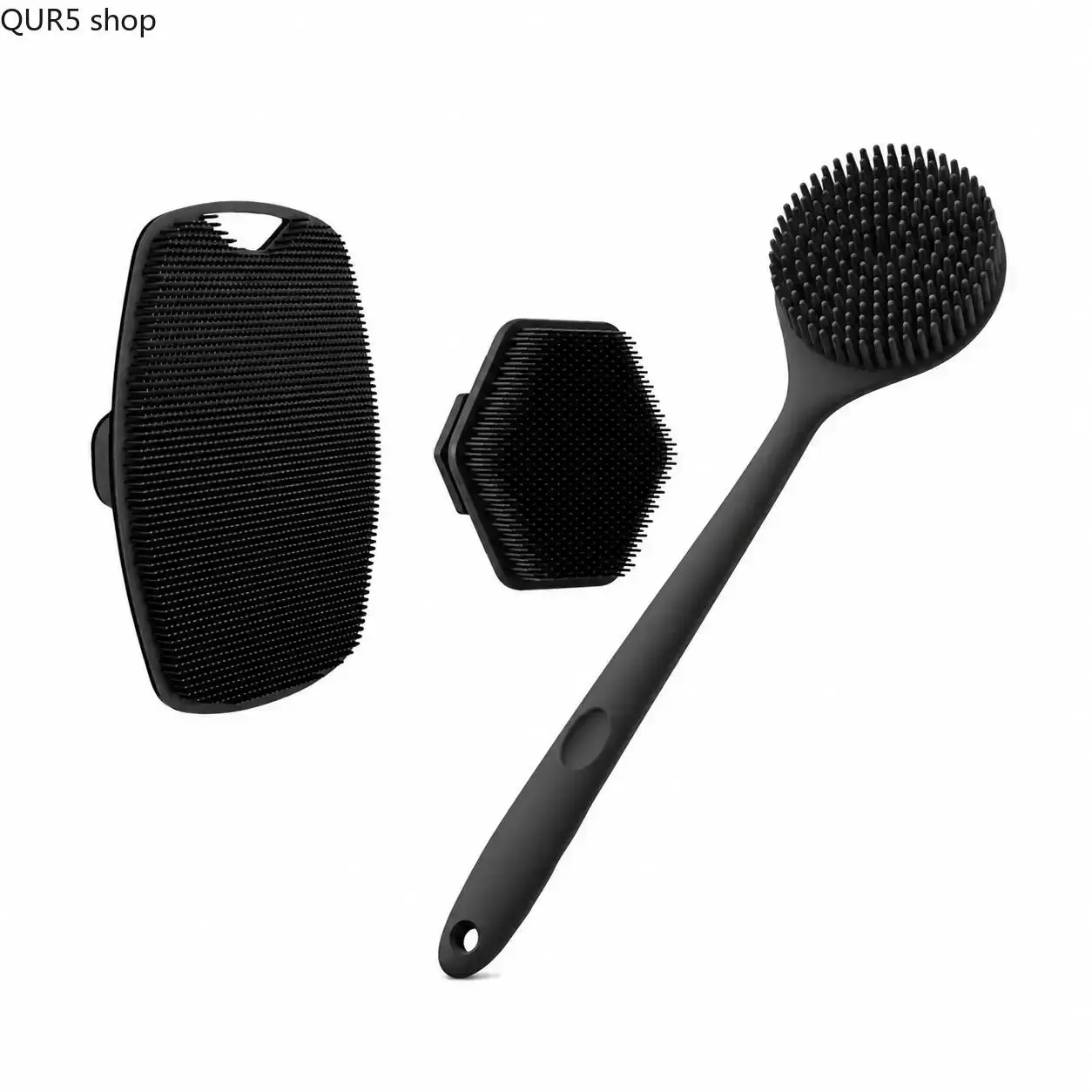 3-Piece Silicone Bath Cleaning Accessory Set - Long-Handle Back Scrubber, Face & Scalp Cleansing Brush, Shower Body Exfoliating Tool for Personal Beauty Products Use